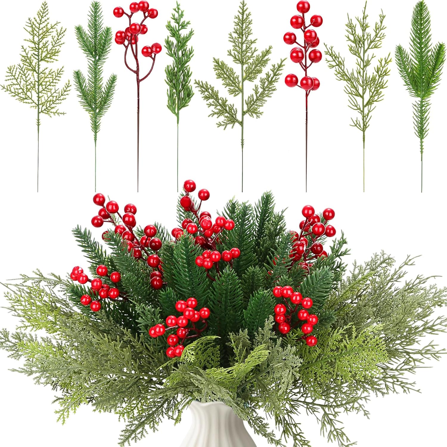 70 PCS Artificial Pine Branches with Berries, Christmas Greenery Fake Pine Needle Faux Red Berry Stems, Christmas Floral Picks for DIY Crafts Wreath Garland Home Décor