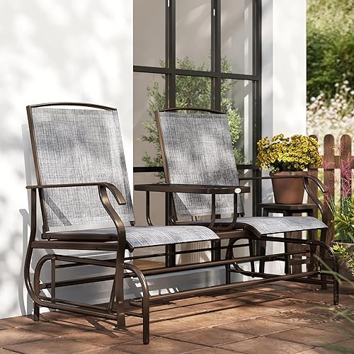 Miniatura 9 de Outsunny sillón de dos cuerpos deslizable con mesa central incluida para exteriores, con tela de malla