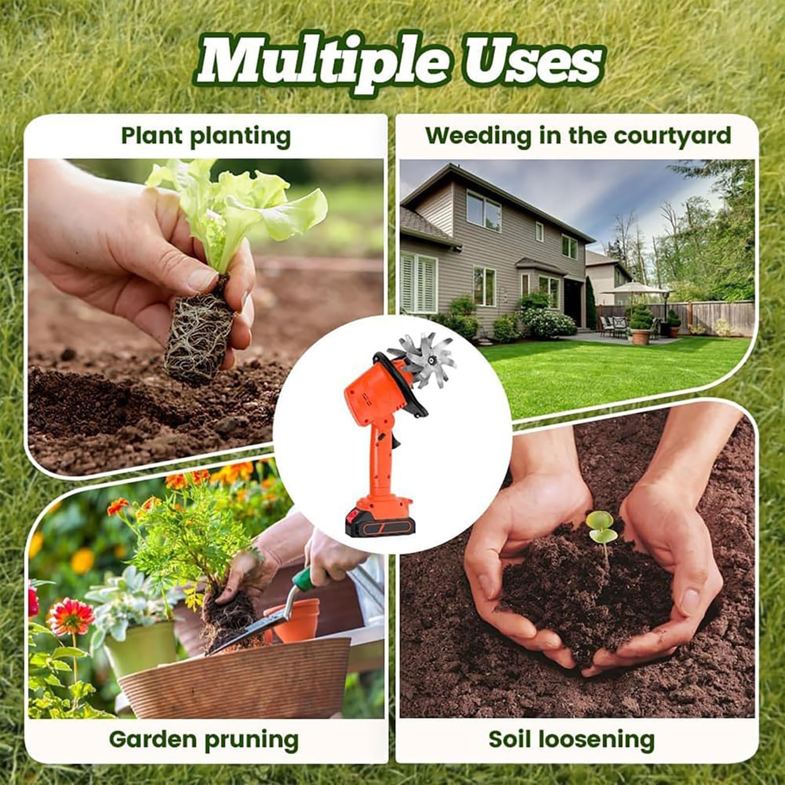 Rotavator da Giardino Elettrico Mini Coltivatore Senza Fili con 2 * Batterie 21v E Asta Lunga profondità di Lavoro 10cm Larghezza di Lavoro 10cm Rotavator Elettrico per Giardinaggio Prato S with Pole
