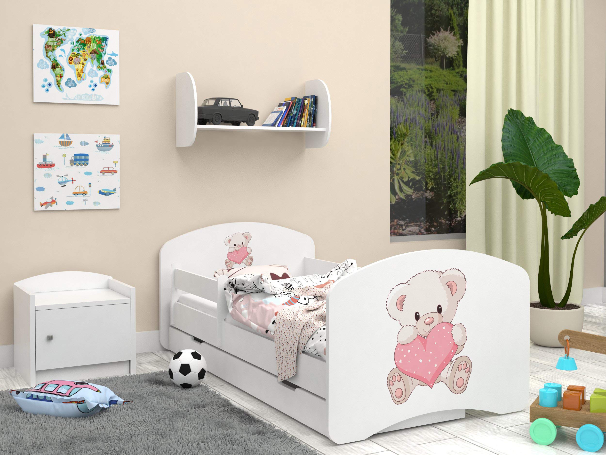 Happy Babies - Dwustronne łóżko dziecięce z szufladą Nowoczesne wzornictwo z bezpiecznymi krawędziami i zabezpieczeniem przed upadkiem materac piankowy 7 cm. (190x90, 16. pluszowy miś z sercem)