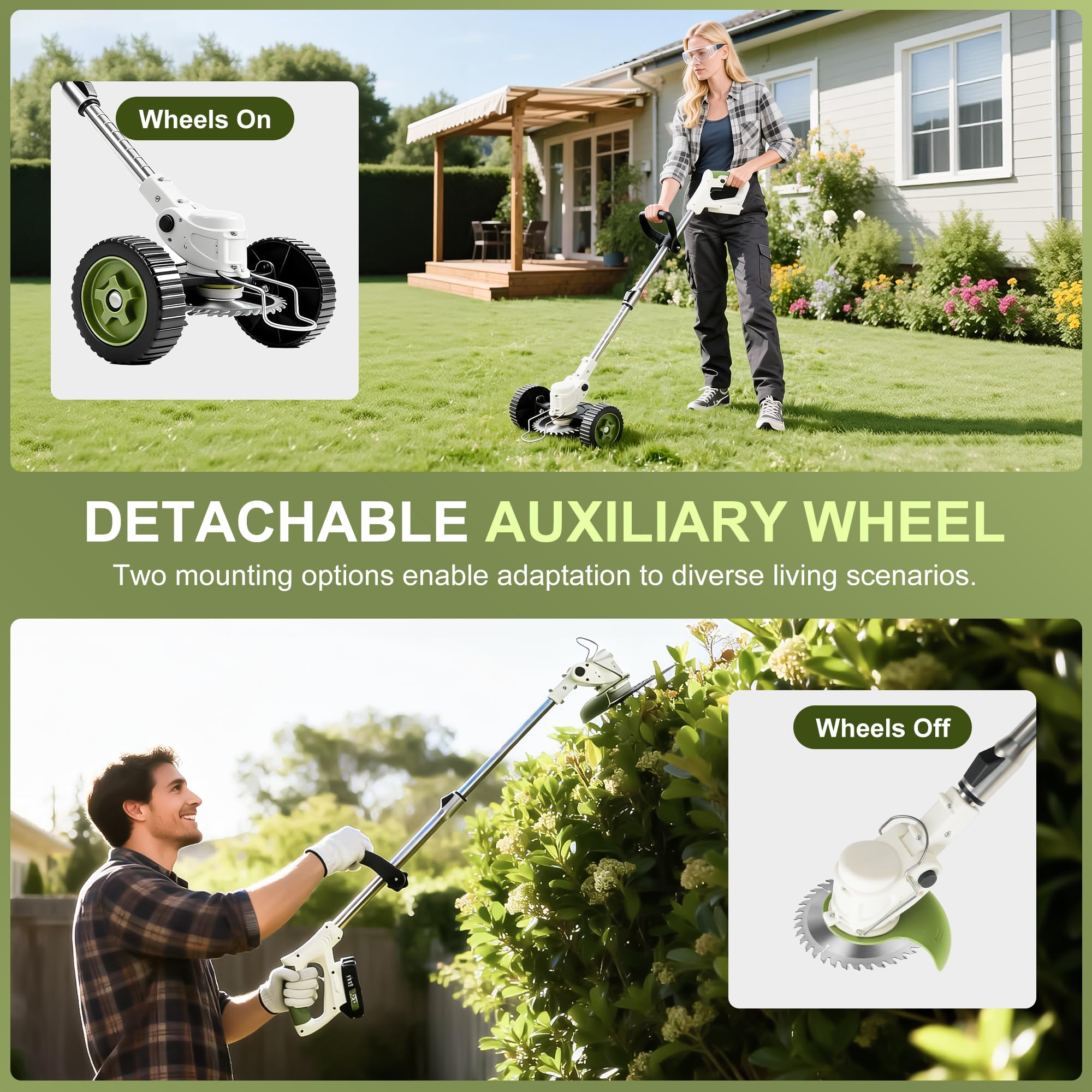 Débroussailleuse Électrique sans Fil 21V - Coupe Bordure Batterie 4Ah avec Lames Métalliques, Poignée Réglable, Adapté pour Jardin Pelouse Et Bordures, Puissant pour Coupe Herbe (Beige)