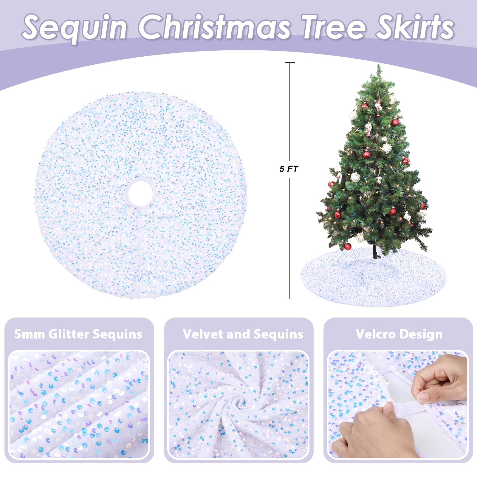Gonna per albero di Natale con paillettes, 122 cm, rotonda, in velluto, con paillettes bianche iridescenti glitterate, per decorazioni dell'albero di Natale