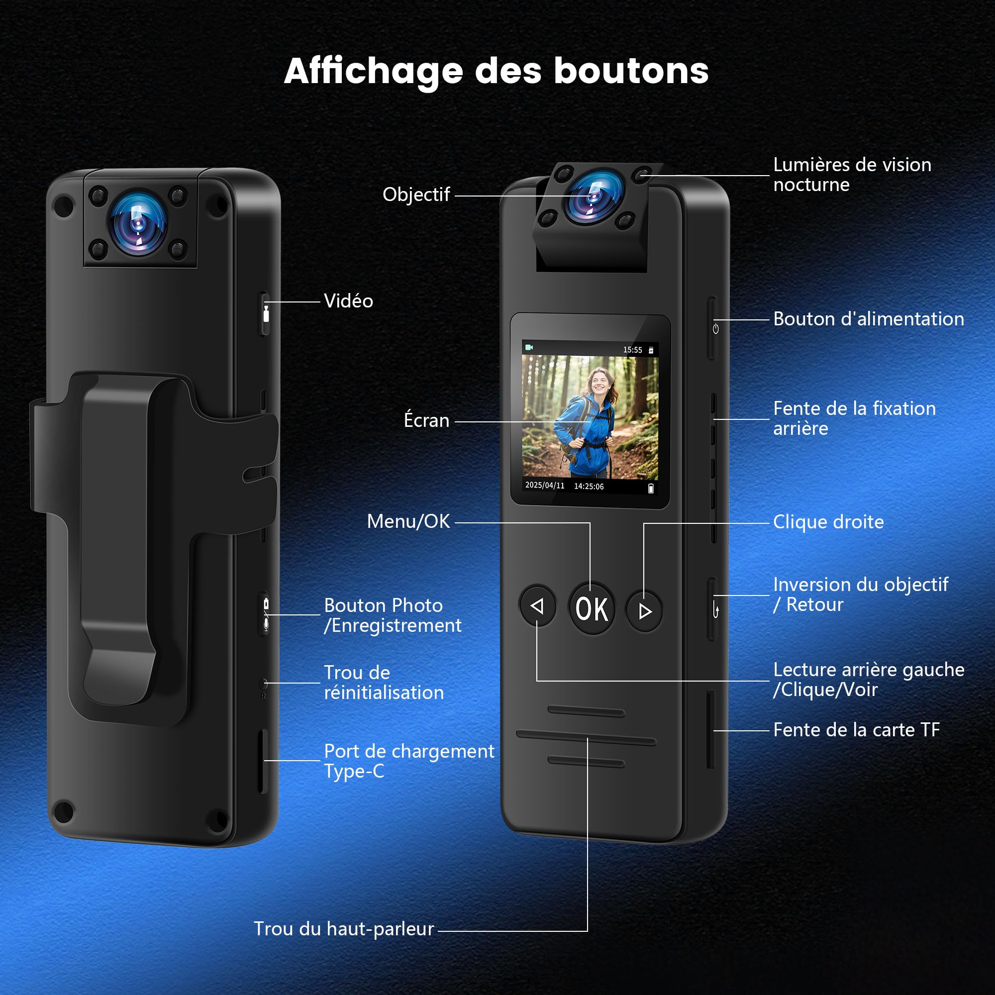 Caméra de Corps, Camera Corporelle Portable, 1080P HD Body cam, Mini Caméras avec Objectif Rotatif, 120° Grand Angle Bodycam de Sport, Caméra Police, Caméscope pour Cyclisme