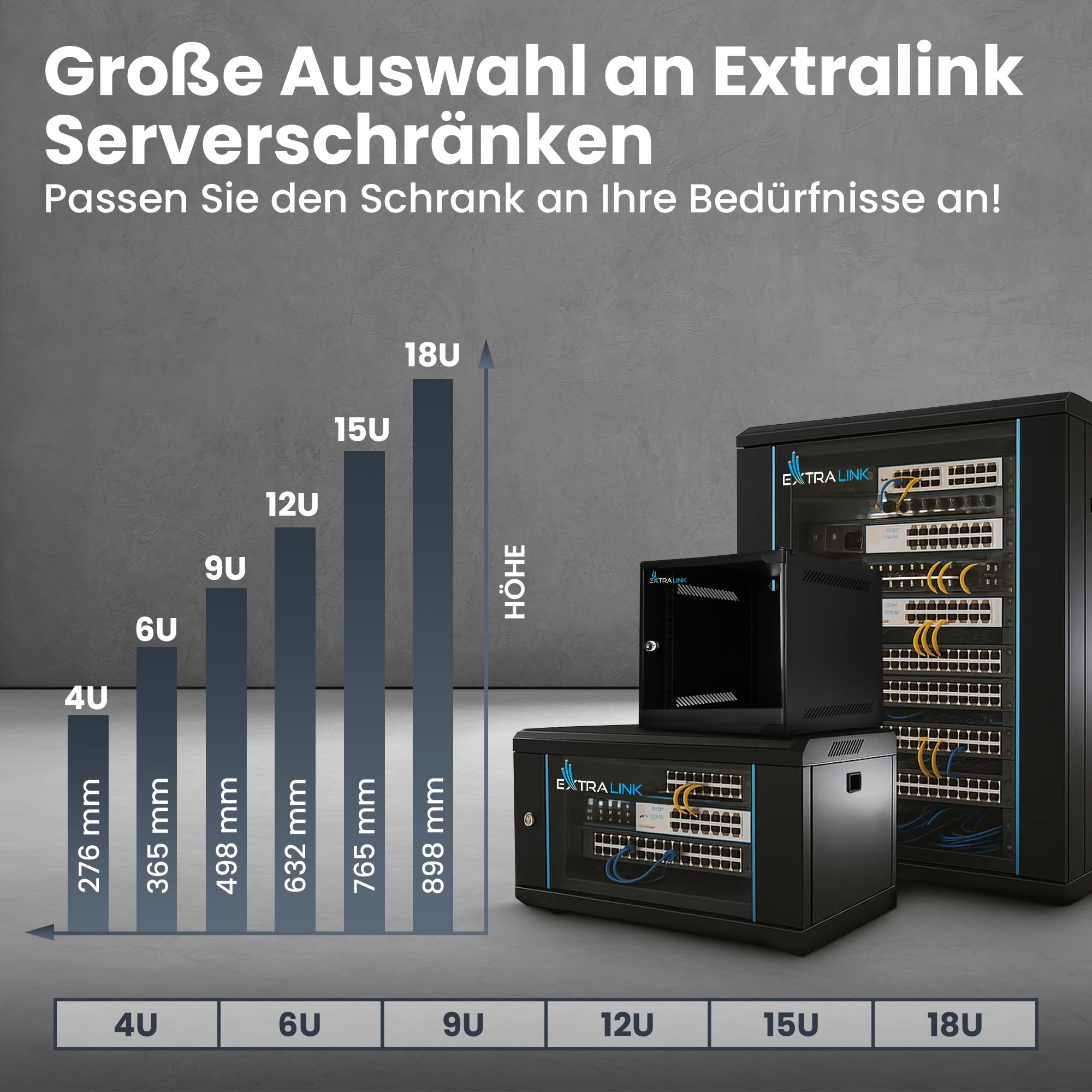 Extralink Serverschrank 19 Zoll 9HE - Netzwerkschrank 400mm Tiefe - Wand oder Standmontage, Traglast 60 kg, 180° Öffnung, schwarz - inkl. praktischer Regale - für Heimnetzwerk & IT-Geräte