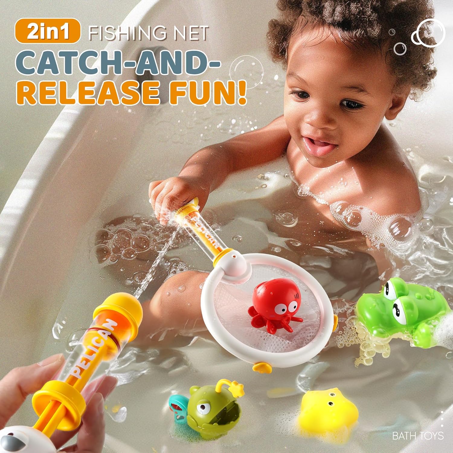 Cube Bin & Magnetic Fishing Bath Toy Set, Sensory Chunky Blocks, Light up Star, Easy Storage, 7 + 11 Pieces