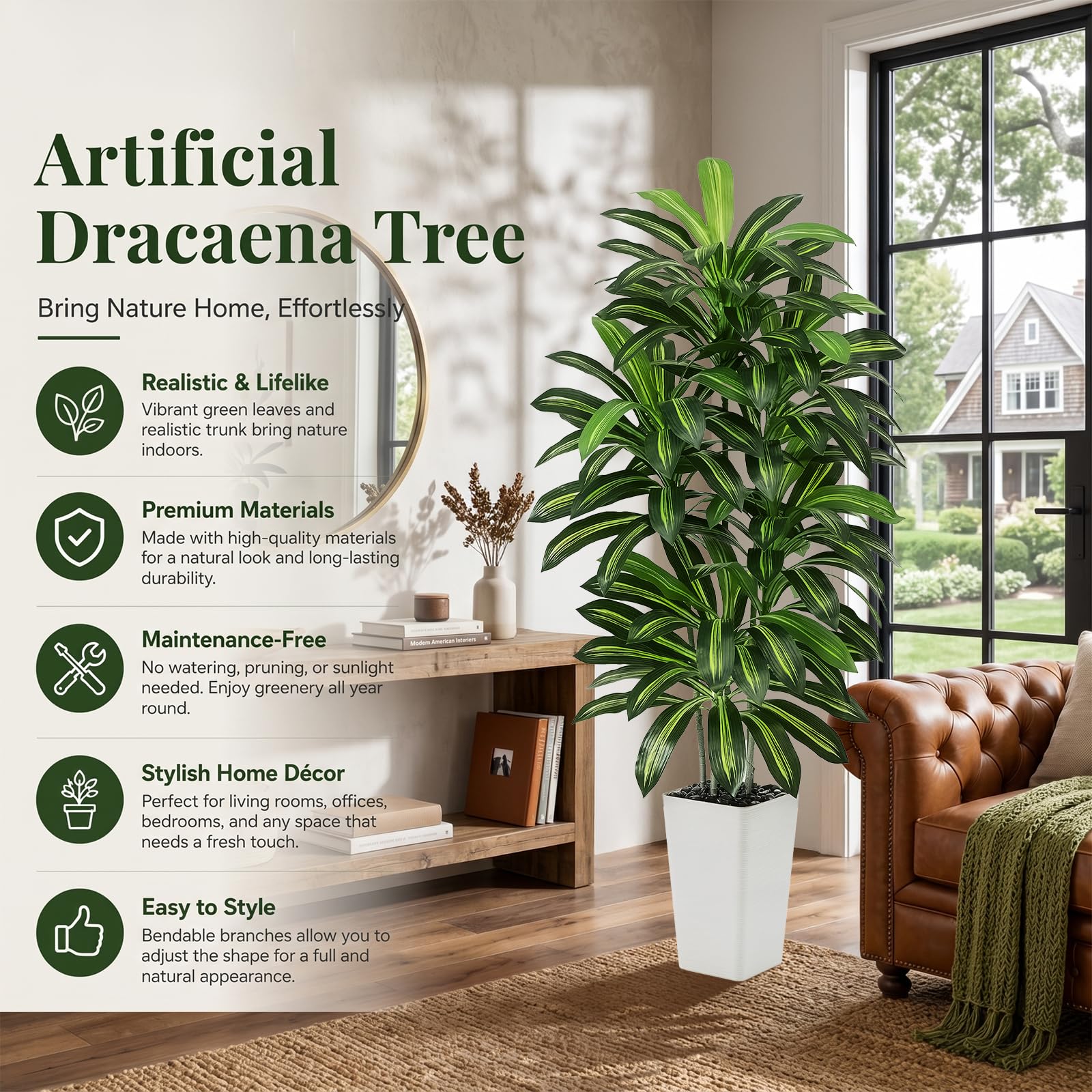 Dracaena Artificiale per Interni 150cm Albero Finto con Fioriera Bianca Alta, Pianta Finta Alta in Vaso, Pianta di Seta Artificiale per la Decorazione Della Casa, Ufficio, Soggiorno, Veranda, Patio