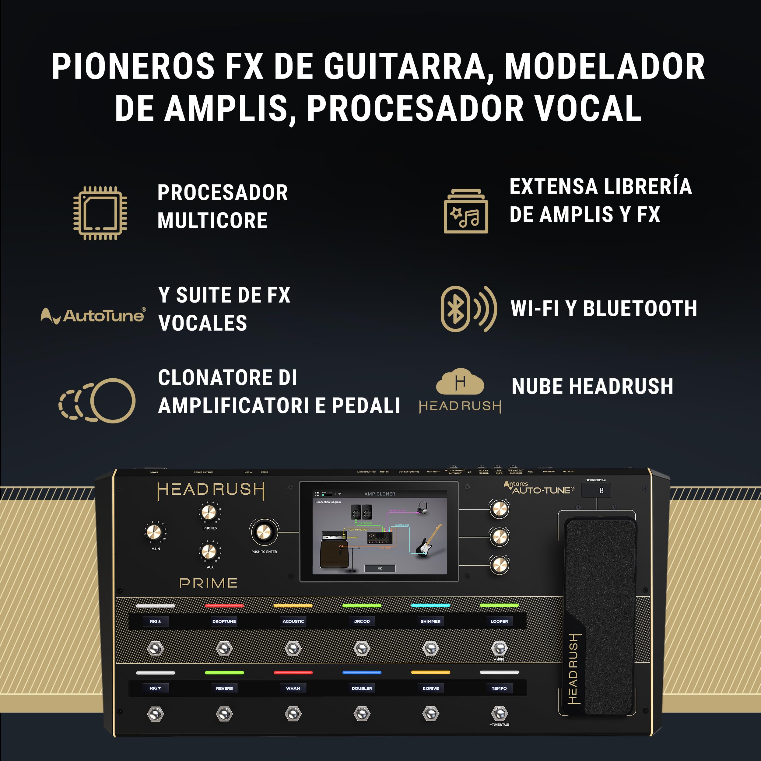 HeadRush Prime Pedal Multiefectos para Guitarra Eléctrica y Voz | Procesador Multiefectos con Clonador de Amplis, Looper, Auto-Tune, Wi-Fi, Bluetooth, Pantalla Táctil, Caja de Ritmos
