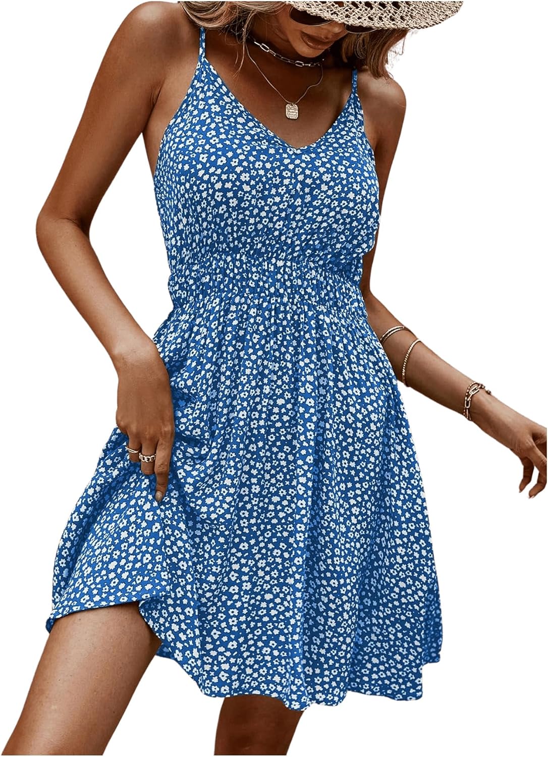 SweatyRocks Women's Boho Floral Print Spaghetti Strap Cami Dress Casual Flare Short Dresses - Image 4