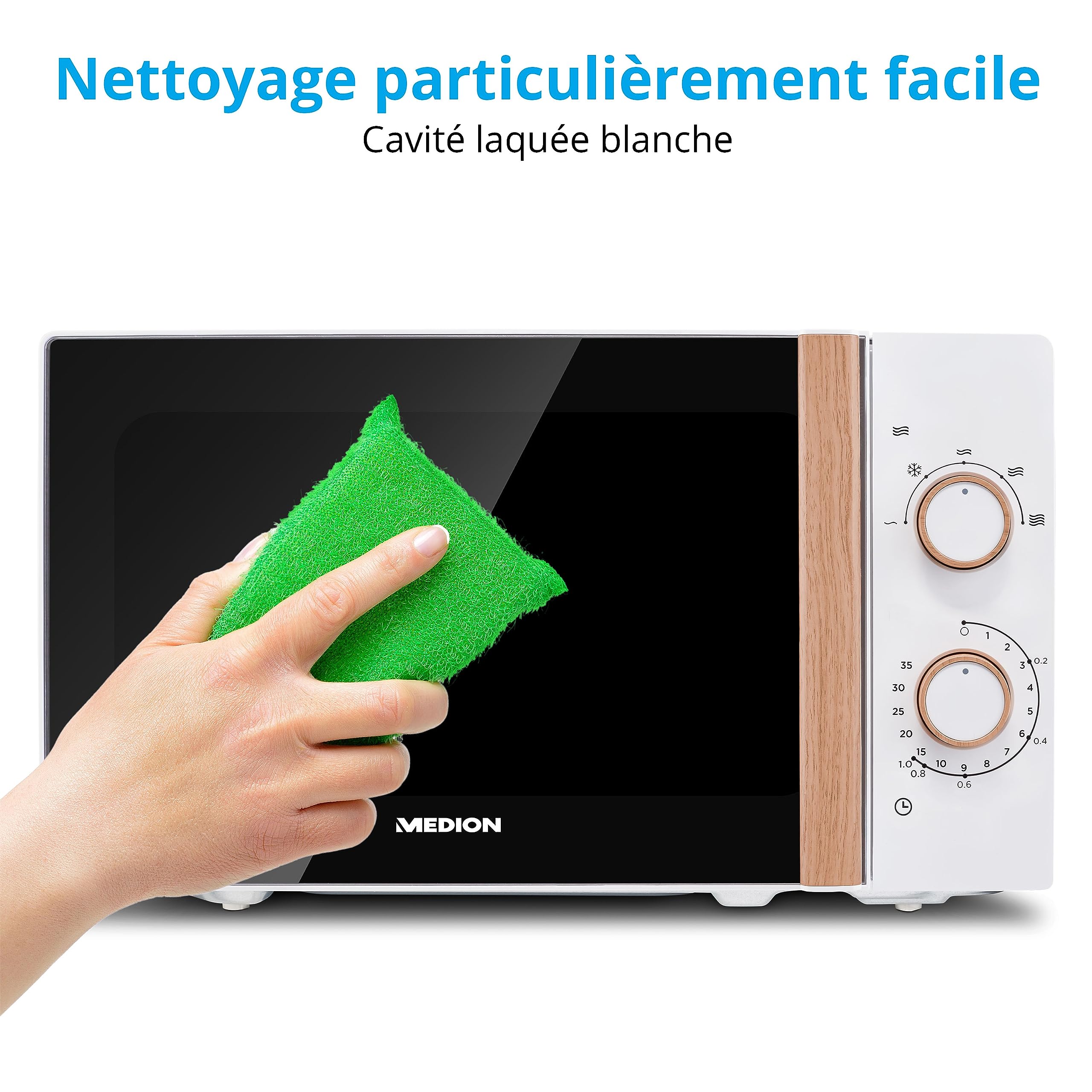 MEDION Micro-ondes (aspect bois, 20 litres, 700 watts, porte miroir, 5 niveaux de puissance, fonction décongélation, minuterie, MD10596) blanc
