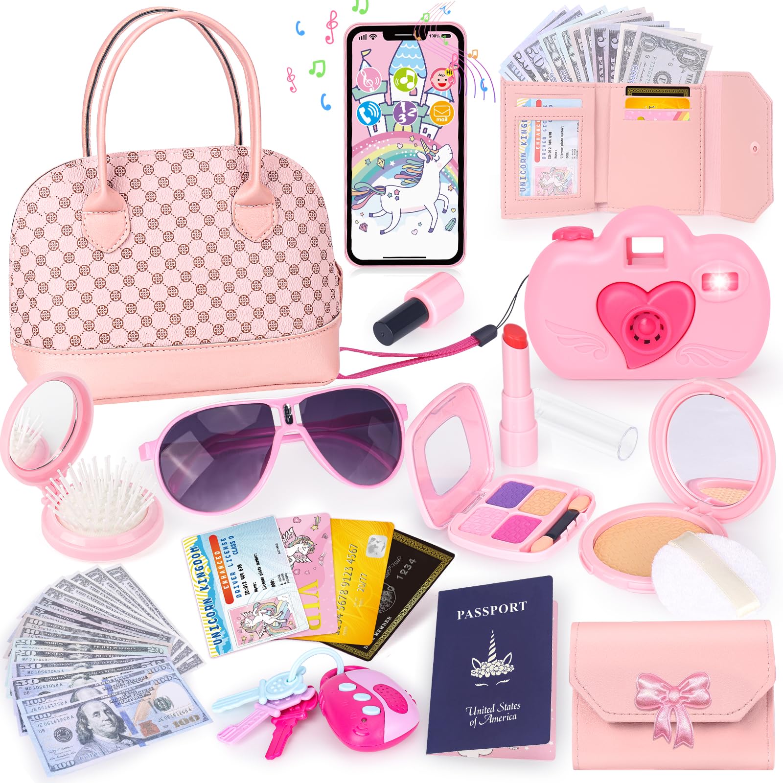 Oisacirg Play Purse for Little Girls, Princess Pretend Play My First Purse Set Includes Handbag, Phone, Wallet, Play Makeup Pretend Play Toys Kids Purse Birthday Gifts for Girls Age 3 4 5 6 7 8