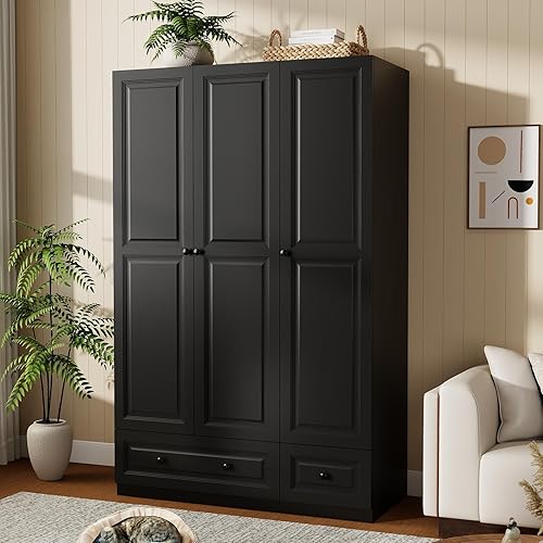 Armario de dormitorio con cajones: armario de madera de 74 pulgadas con 3 puertas, armarios negros con 2 cajones, armario alto con estantes y ropa