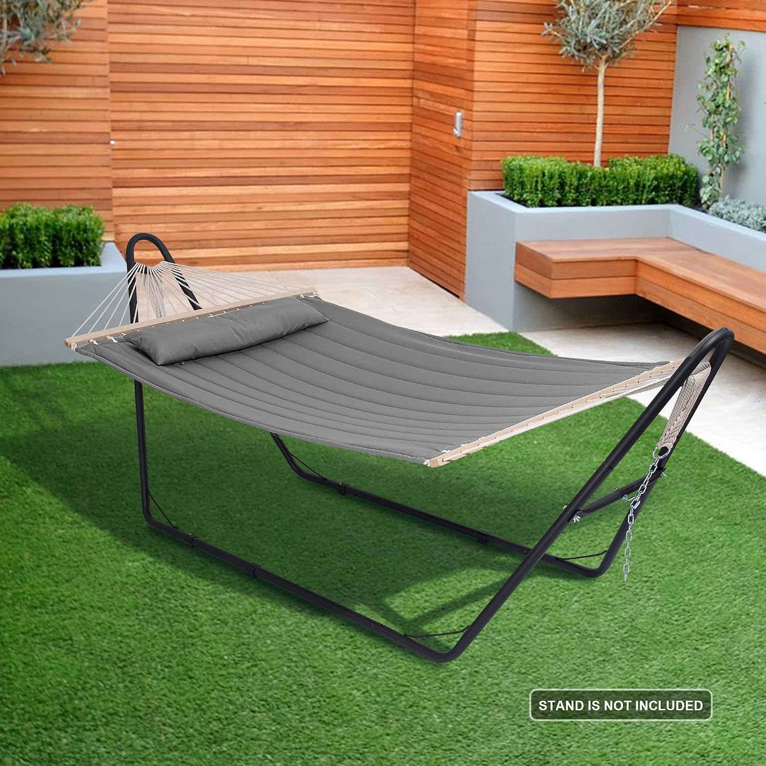 SUNCREAT Portable Double Hammock with Hardwood Spreader Bar, Extra Large Outdoor Hammock with Soft Pillow, 475 lbs Capacity, Light Gray