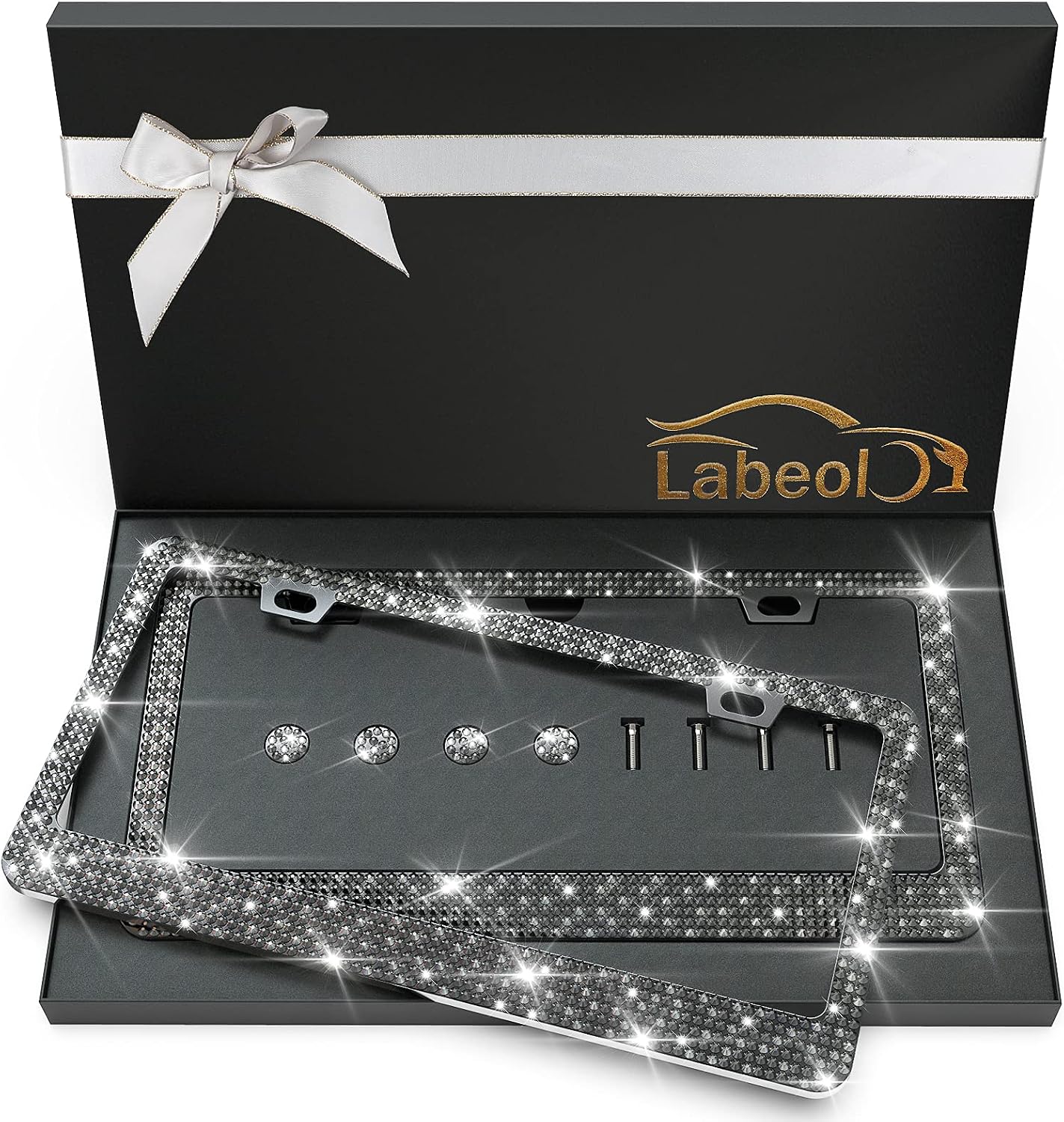 Labeol Bling License Plate Frame 2 Pack Rhinestone License Plate Frames for Women Sparkle Crystal License Plate Frames with Over 1300 pcs Bedazzled Glitter Diamond Box Stainless Steel Frame