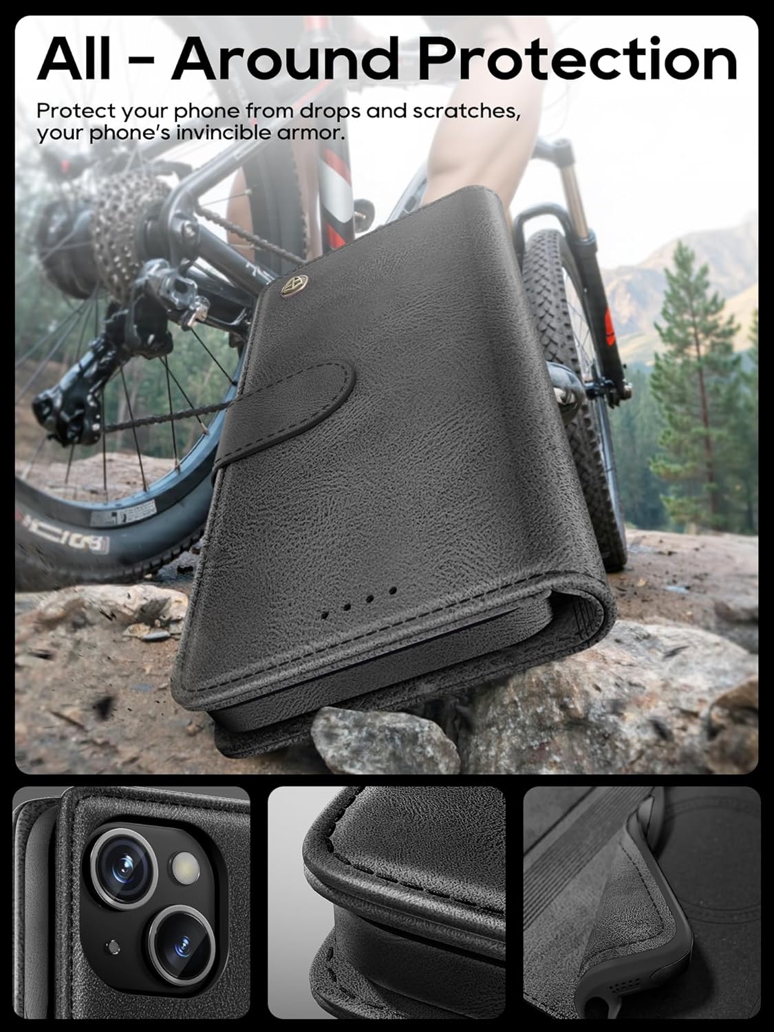 Compatible with iPhone 15 Pro Max Wallet Case with Card Holder, 2 in 1 Magnetic Detachable & Wireless Charging Support, PU Leather Flip Phone Cover with RFID Blocking (Black)