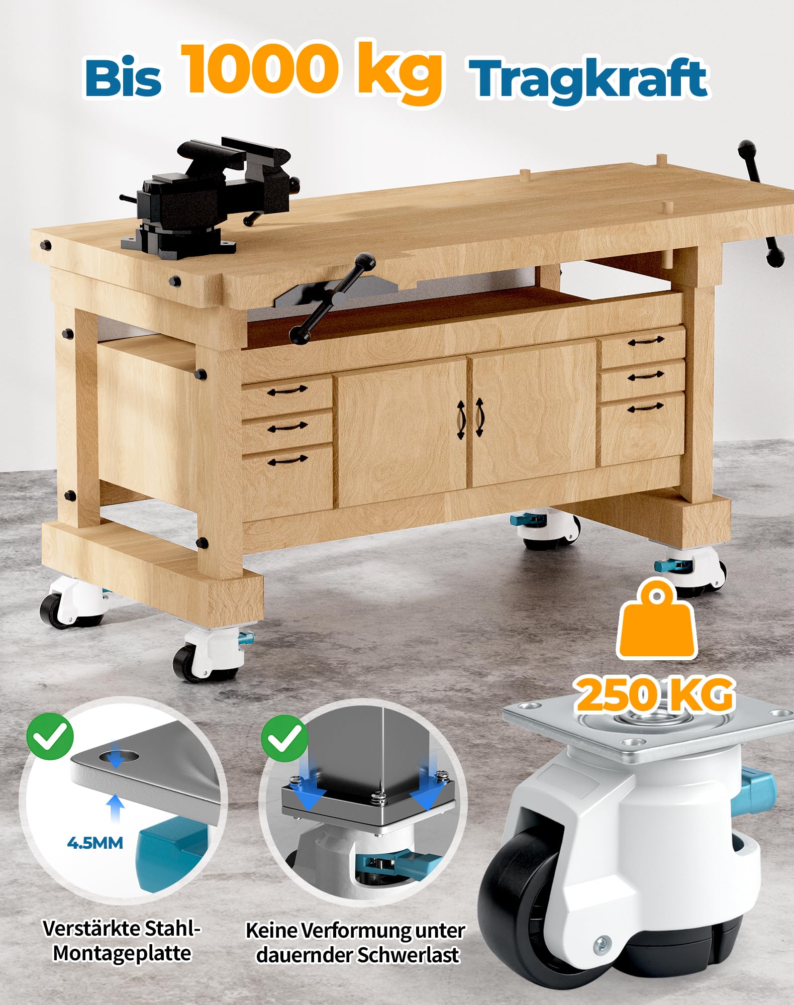 4 ruedas niveladoras de altura ajustable con mango de carraca, ruedas resistentes de 1000 kg, ruedas de dirección e industriales para banco de trabajo, maquinaria, muebles pesados, ruedas de