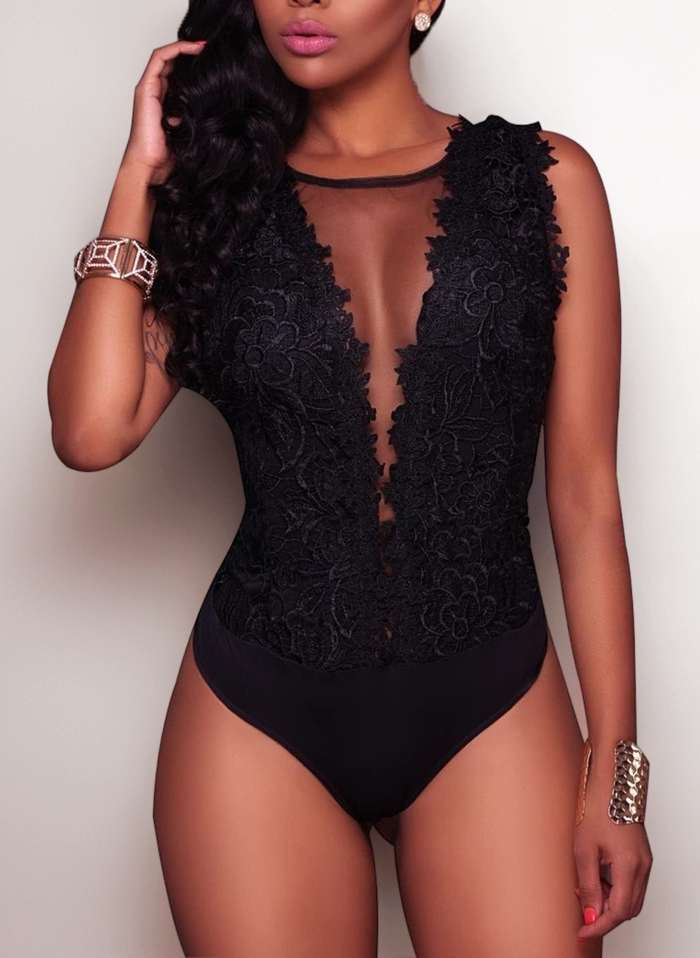 Loalirando Sexy Women Ladies Sleeveless Bodysuit Lace Deep V-Neck Leotard Top Jumpsuit Outfit Clubwear