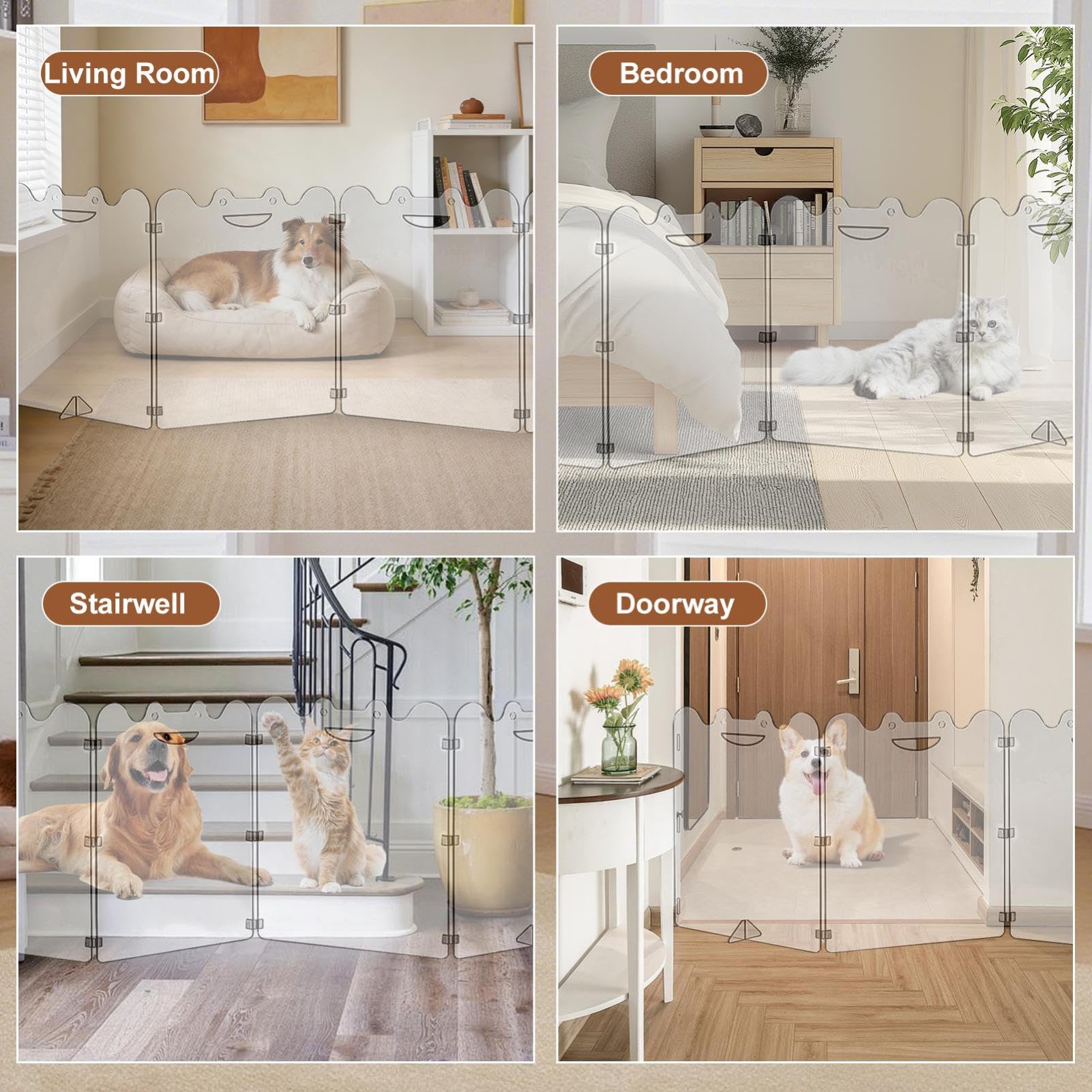 Rejilla acrílica para mascotas, 4 piezas o 6 piezas, plegable, acrílico, con asas de transporte, barrera transparente | para puertas, escaleras interiores, pasillos