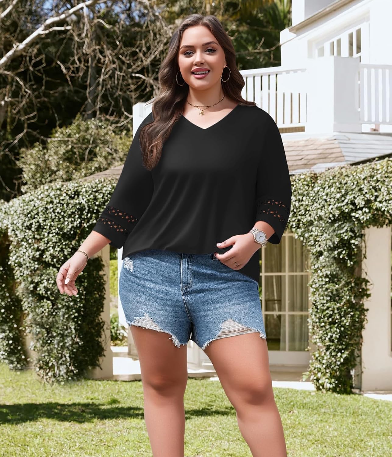 Lastshe Women Plus Size Tops 3/4 Length Sleeve Dressy Casual Blouses V Neck T Shirts Summer Clothes for 2026 Trendy - Image 7