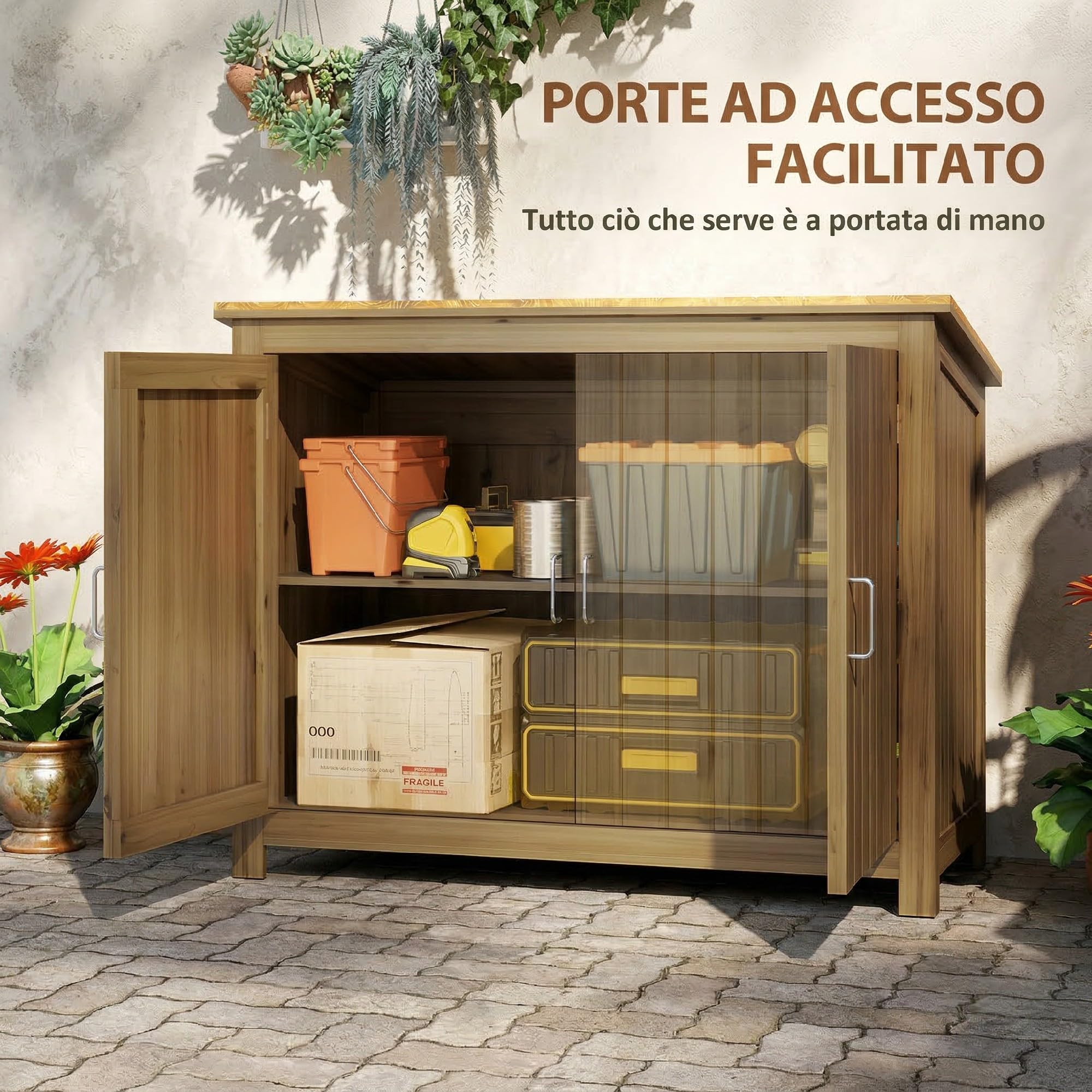 Outsunny Casetta da Giardino con 2 Ante, 2 Scaffali, Tetto Inclinato e Base Sollevata Armadio da Giardino in Legno di Abete per Terrazza e Giardino 110x50x85 cm Marrone