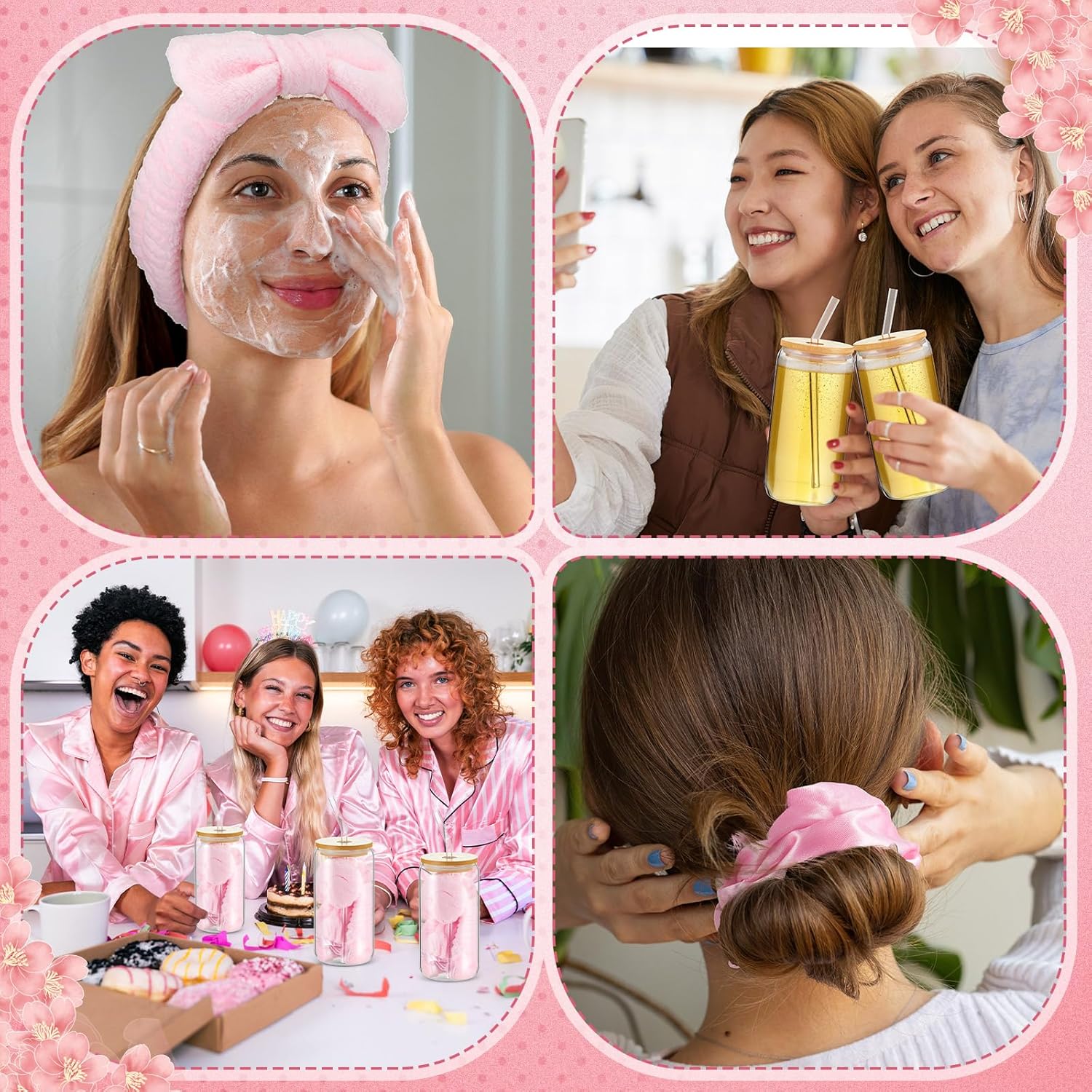 37 Pcs Party Supplies for Girls, 6 Kit Girls Birthday Gifts Including Glass Cups, Hairbands, Sleep Eye Mask, Headband, Brush, Tote Bags with Ribbon for Women Pink Spa Sleepover Party Favor