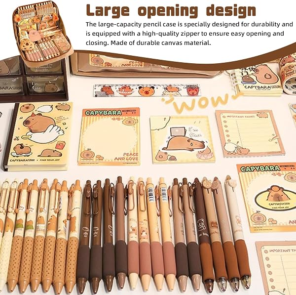 Ensemble de papeterie Capybara de grande capacité : trousse à crayons multicouche robuste Capybara, coffret cadeau polyvalent, stylos Capybara DIY, pour l'école et la vie quotidienne - 3