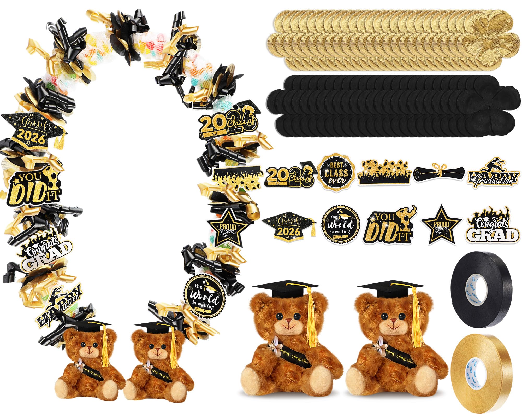 Photo 1 of RoundFunny 82 Pcs 2026 Graduation Candy Leis Making Kit DIY Netting Tubing Stuffed Plush Bear Ribbon Grad Glitter Card Candy Lei for Graduation Congrats Party Supplies(Black, Gold)