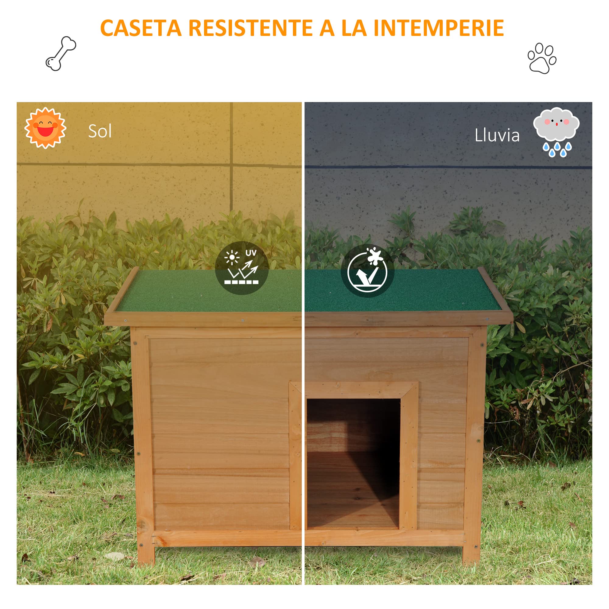 PawHut Caseta para Perro 82 x 58 x 58cm Madera Impermeable con Tejado Verde Abatible y 4 Pies Antideslizantes