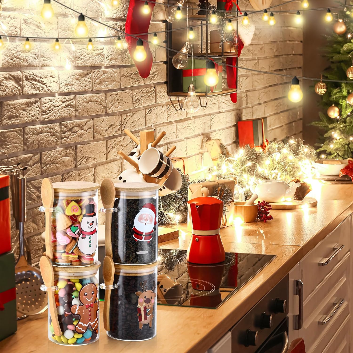 Suclain 4 Pcs Christmas Glass Storage Jars 24 oz Xmas Candy Cookie Jar Containers with Airtight Lids Spoons Santa Snowman Reindeer Gingerbread Man Decorative Canisters for Home Kitchen Countertop