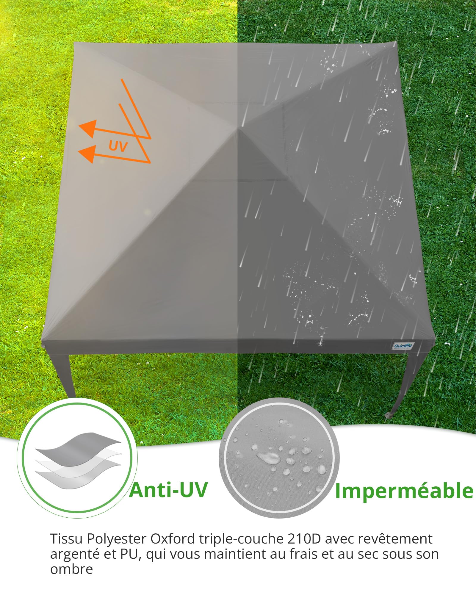 Quictent Tonnelle pliante 2,4 x 2,4 m avec 4 panneaux latéraux, imperméable, tente de réception, tente de jardin pour fêtes et marché aux puces Gris