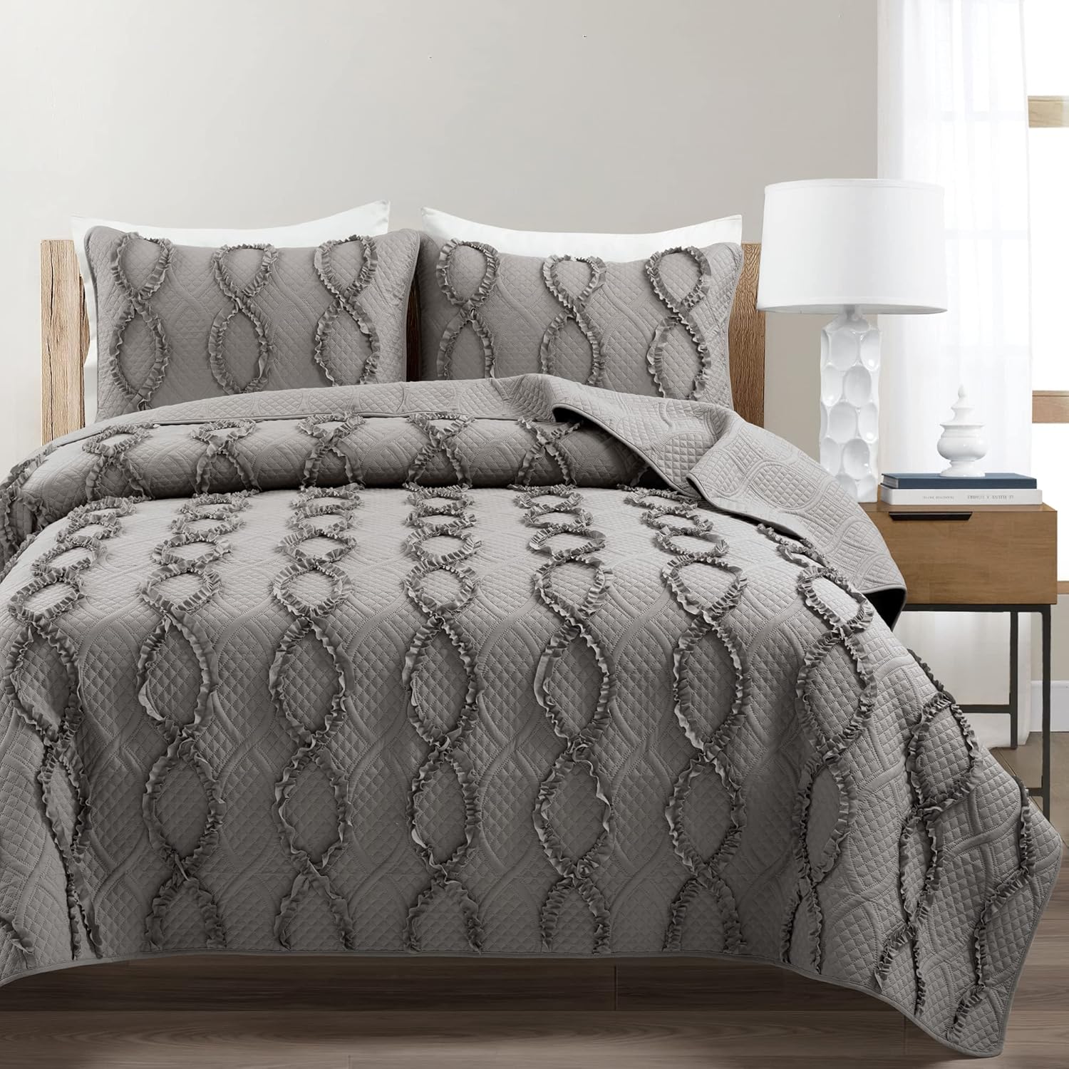 Lush Decor Avon Textured Ruffle Quilt King Size 3 Piece Set Ivory - Ruffle Bedding Set King Quilt - Cream Quilts Lightweight - Coquette Decor
