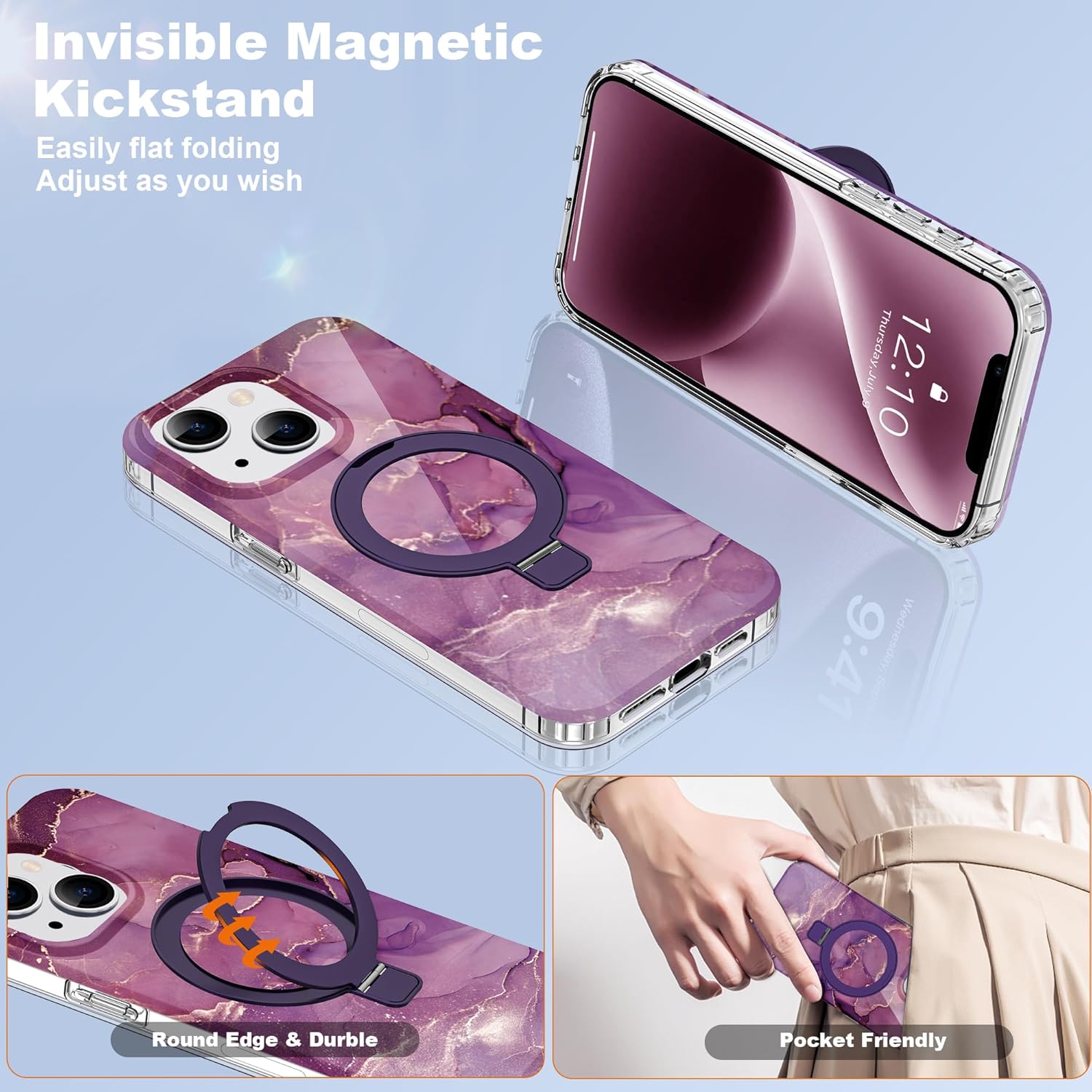 Compatible with iPhone 13/14 Case Marble Pattern with Magnetic Ring Stand [Compatible with Mag-Safe] TPU Protective Phone Case for iPhone 13/14 6.1" for Women, Marble Purple - Image 5