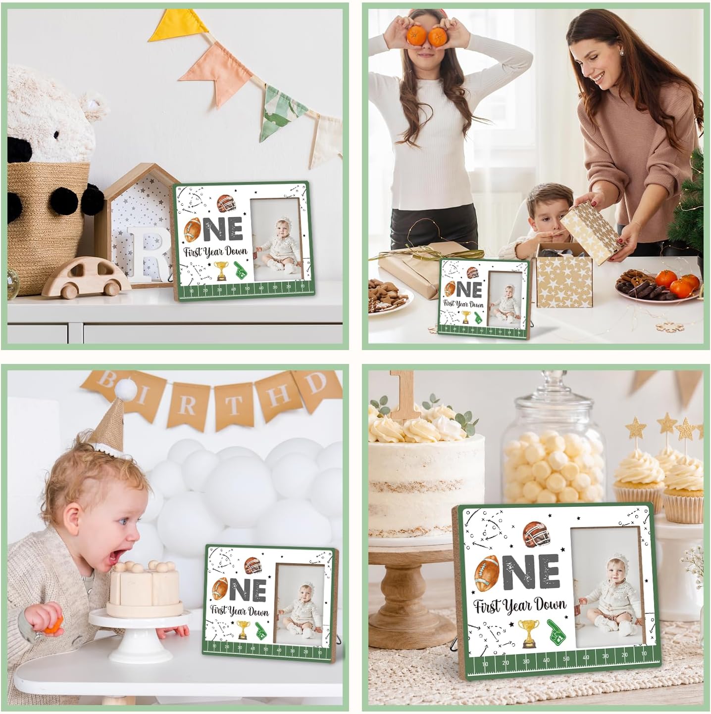 Football First Birthday Decorations Frame, 1st Birthday Party Decoration, Football Pattern Baby First Year Picture Frame, Baby Keepsake Gift, Suitable for Party and Nursery Styling
