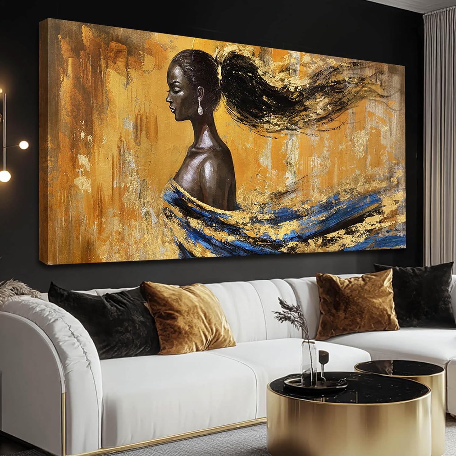 YETHEN WAL Large Black Woman Wall Art Abstract Gold and Blue Canvas Prints African Female Artwork Modern Home Decor for Living Room Bedroom Office 29x58 Inch