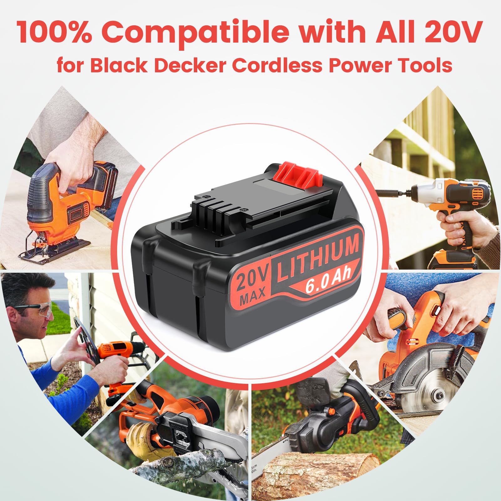 Djsanu Batterie de remplacement pour Black+Decker LBX4020, 20 V max 6000 mAh, batterie de rechange au lithium 20 V pour LBXR20 LBXR20B LBXR2020, compatible avec les outils électriques sans fil et