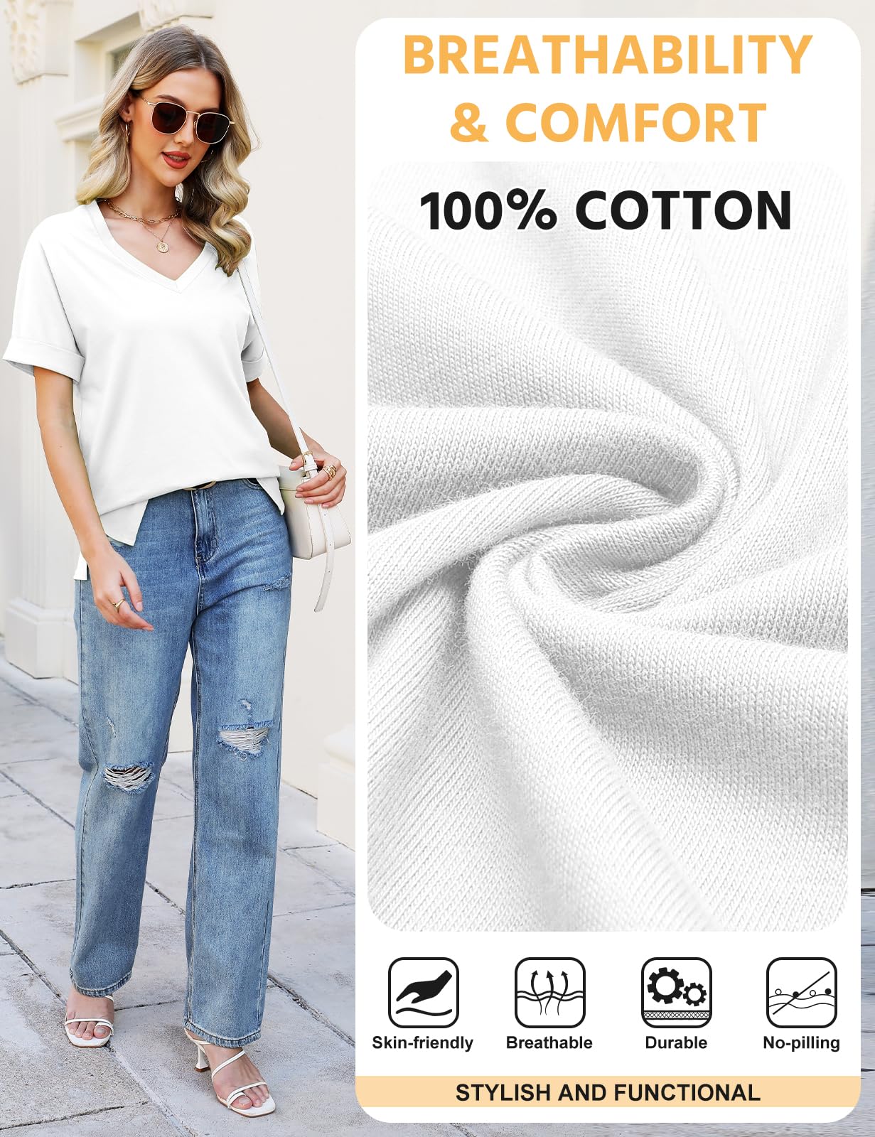 CMTOP T-Shirt Donna Estiva Cotone V Scollo Tinta Unita Maglietta Manica Corta Top Casual Case Camicie Orlo Arrotondato Lungo per Feste Casual Maglietta da Donna Allentate