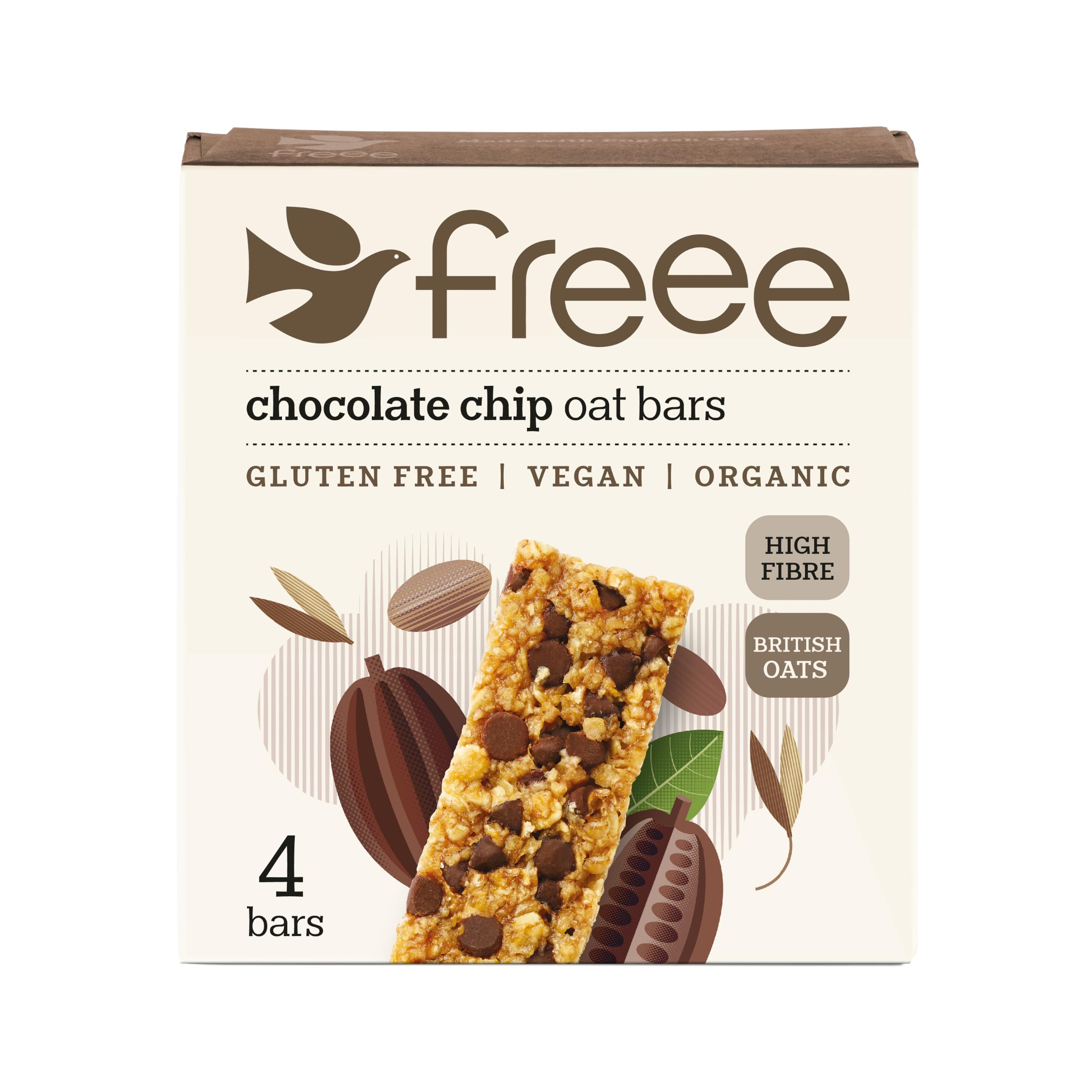 FREEE Gluten Free Organic Chocolate Chip Flapjack Oat Bars 4 x 35g – High Fibre Snack Bars with 70% Cocoa – Vegan, Dairy Free, Coeliac UK & Soil Association Certified