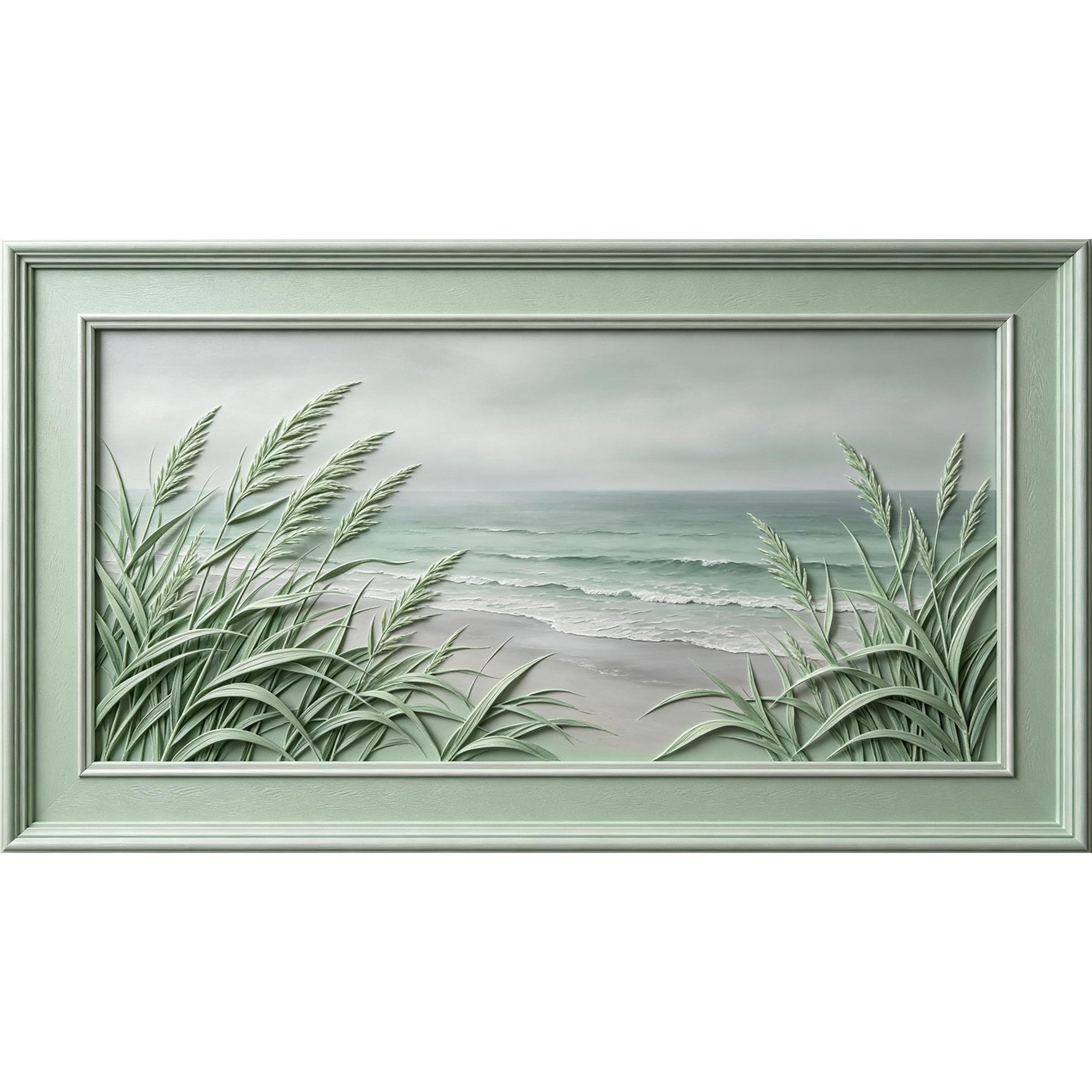 QZLITHOTIC 50×90cm3D Framed Wall Art， Coastal Ocean Shoreline Botanical Reeds Self?Adhesive Mural， Water?Activated Peel & Stick Fabric Decor Wall Decal for Bedroom Living Room