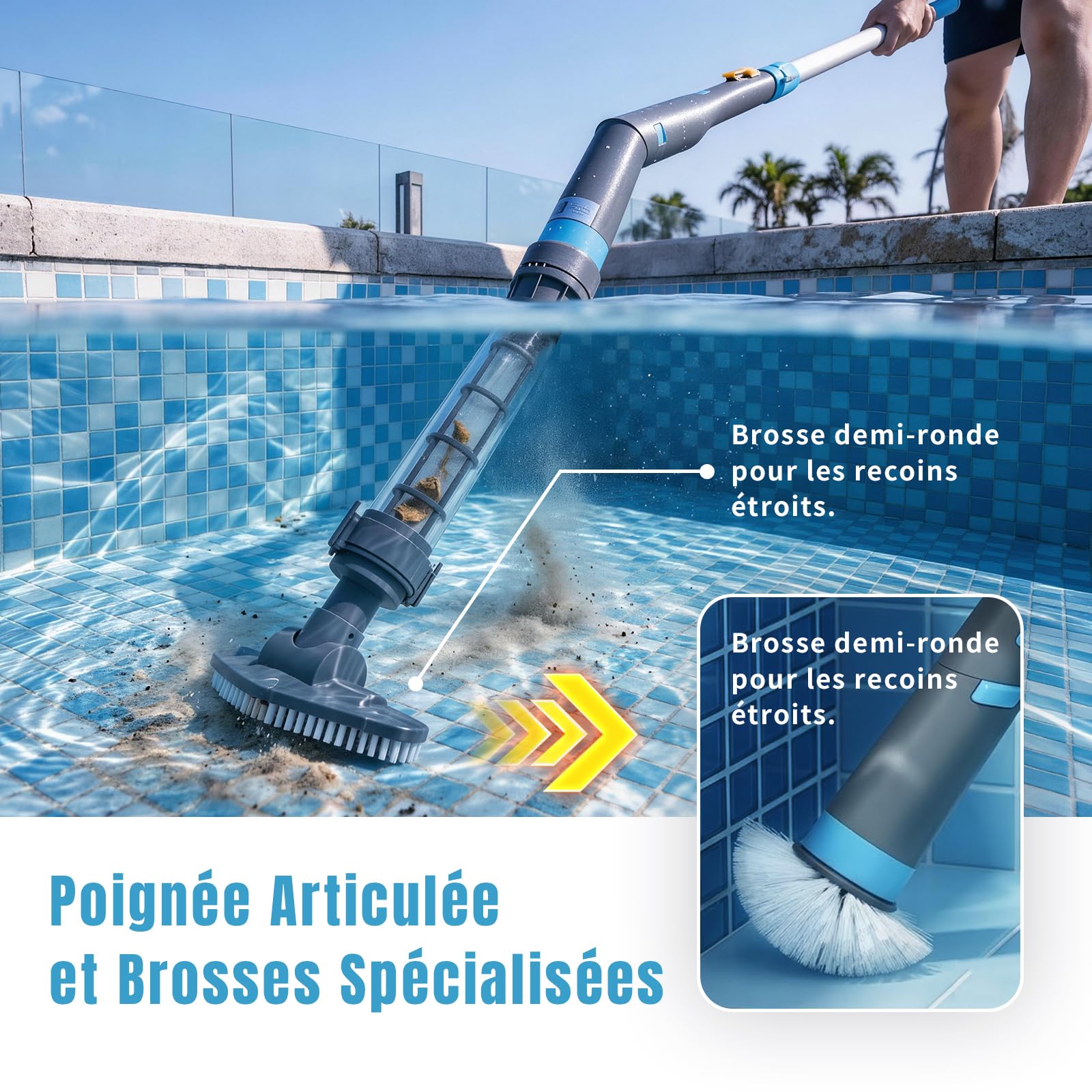 LEADZM Aspirateur Piscine Batterie sans Fil 4000mAh, Aspirateur Piscine Hors Sol pour Spa, 60 Min Autonomie, 260x18x9,5 cm (Bleu)