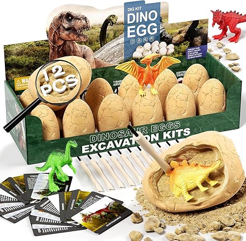 Kit de Excavación de 12 Huevos de Dinosaurio Juguetes para Niños, Kit de Excavación Sorpresa de Huevos de Dinosaurio con Lupa, Regalos de Fiesta de