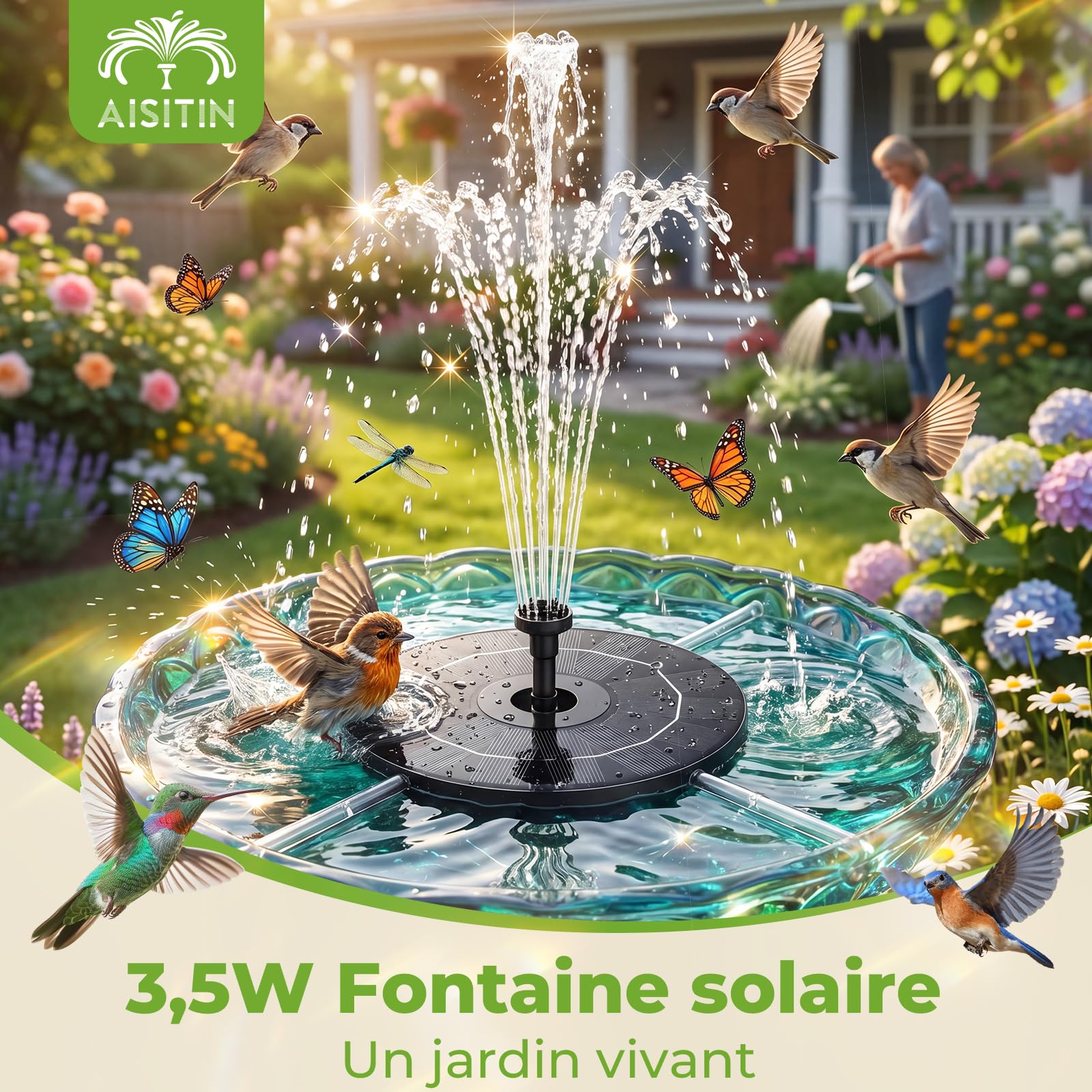 Fontaine Solaire Extérieur Flottante 3.5W Pompe Bassin Solaire avec 6 Buses pour Bain d'oiseaux Aquarium Jardin Fontaine(1PC)
