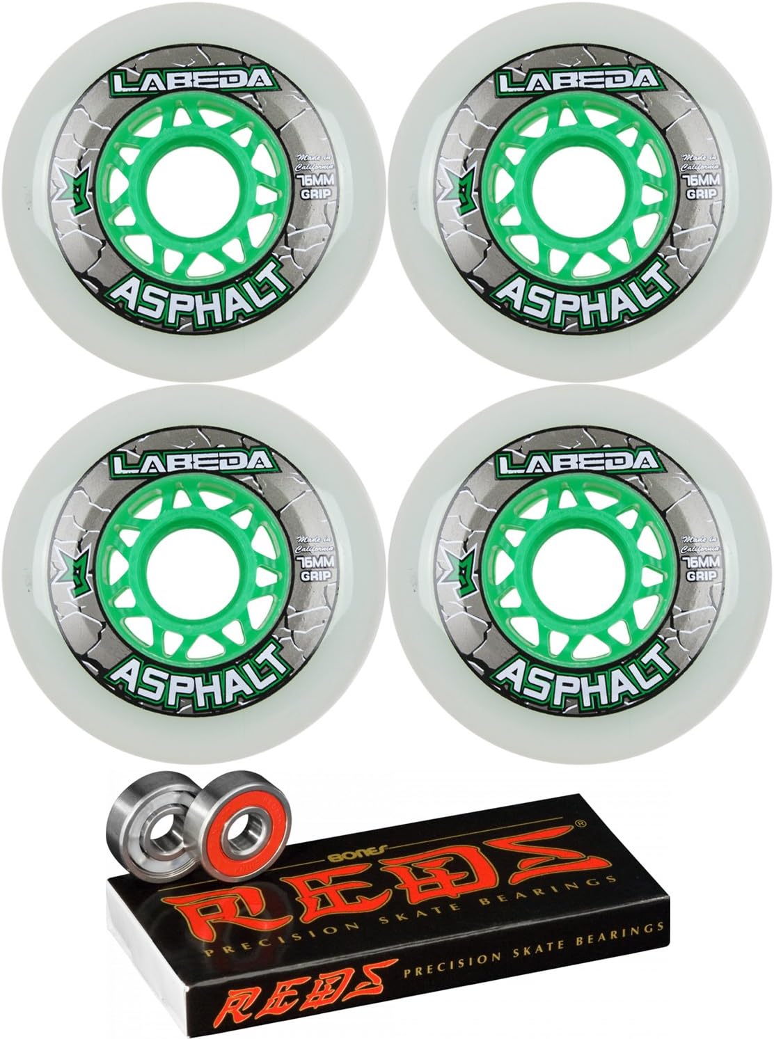 Labeda Asphalt Inline Roller Hockey Wheels 76mm White 83A 4-Pack Bones Reds