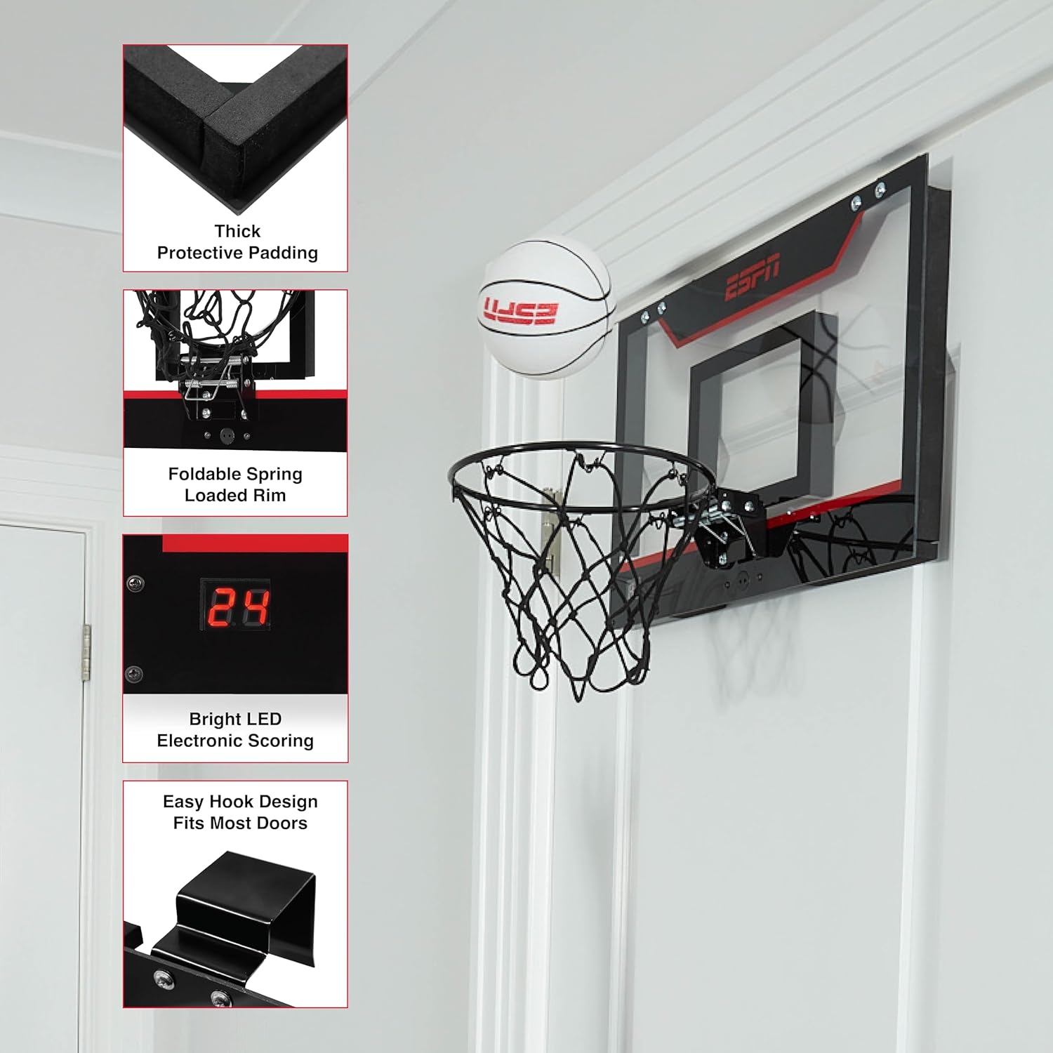 ESPN Mini Basketball Hoop, Over The Door Basketball Hoop with Foldable Breakaway Rim (1 Hoop + Scoreboard)