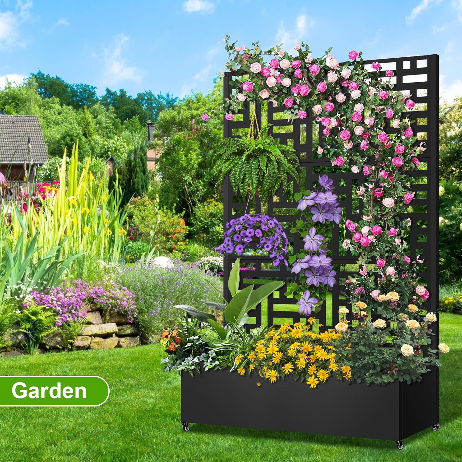 72"x47"x16" Galvanized Steel Raised Garden Bed with Trellis, Outdoor Planter Box with Drainage Holes & Lockable Casters for Climbing Vegetables, Vines & Flowers