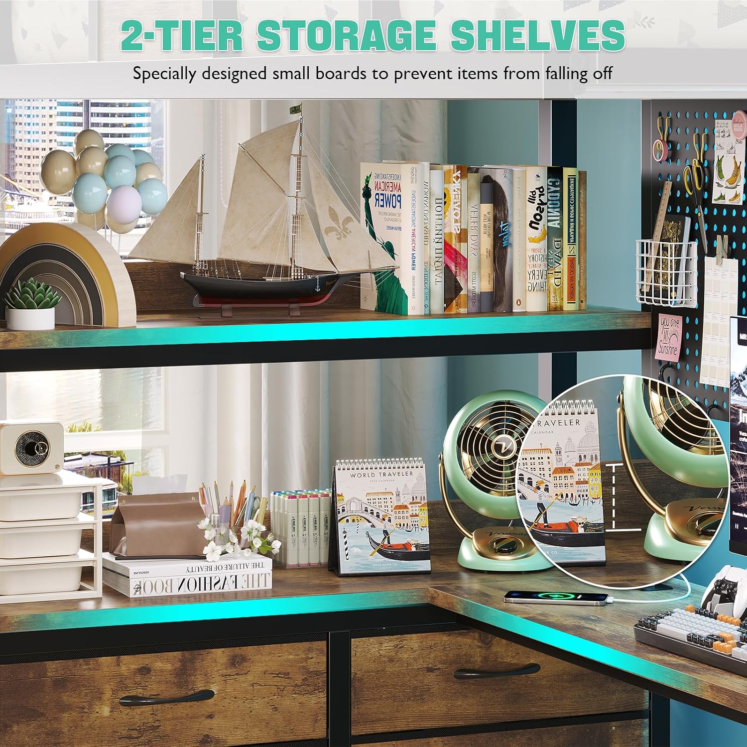 Five large repositionable storage drawers