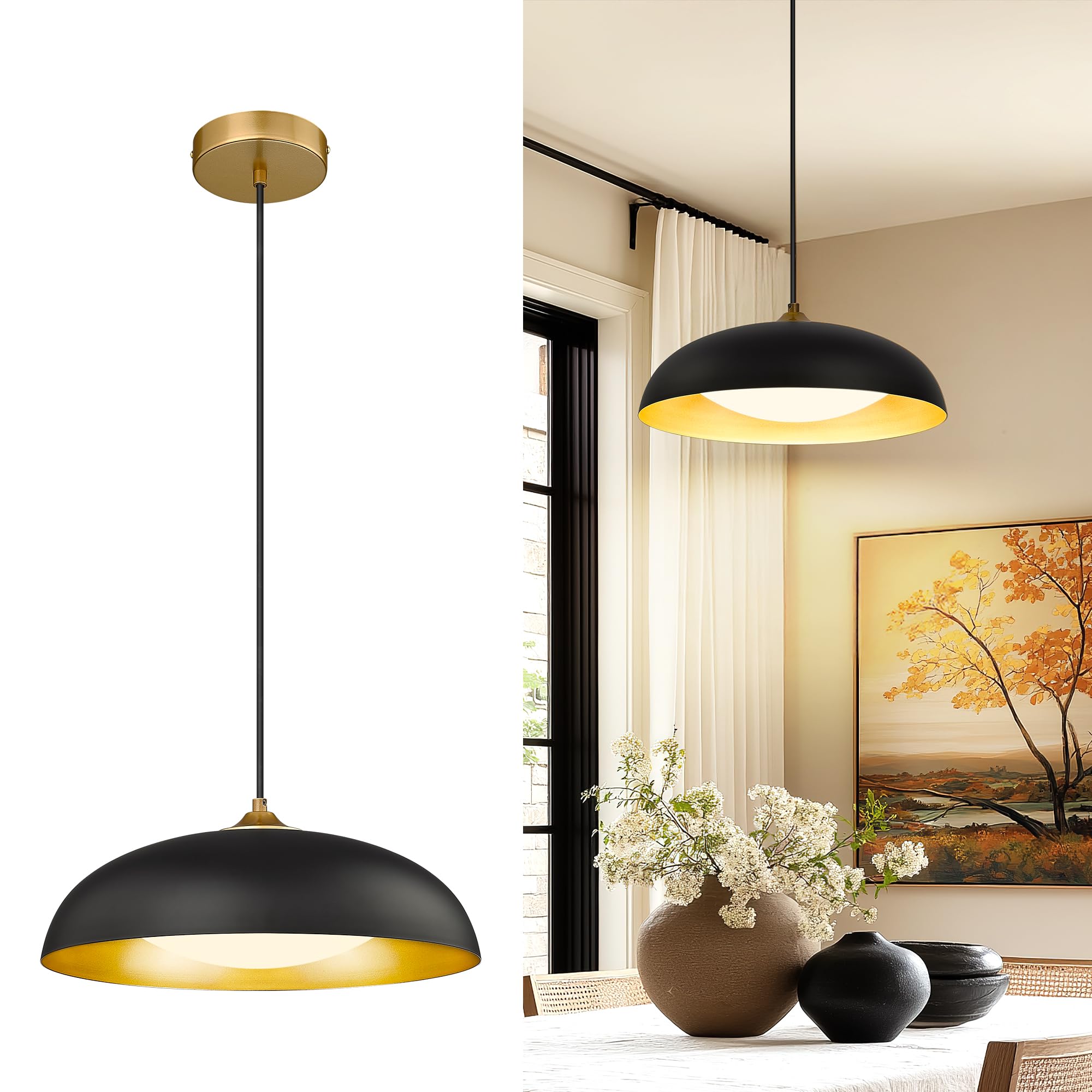 kudos 15 Inch Large LED Pendant Lights, Black and Gold Pendant Light Fixtures, Modern Hanging Lights for Kitchen Island, Dining Room, Living Room, Bedroom, 5CCT Adjustable, KDPL02-BK