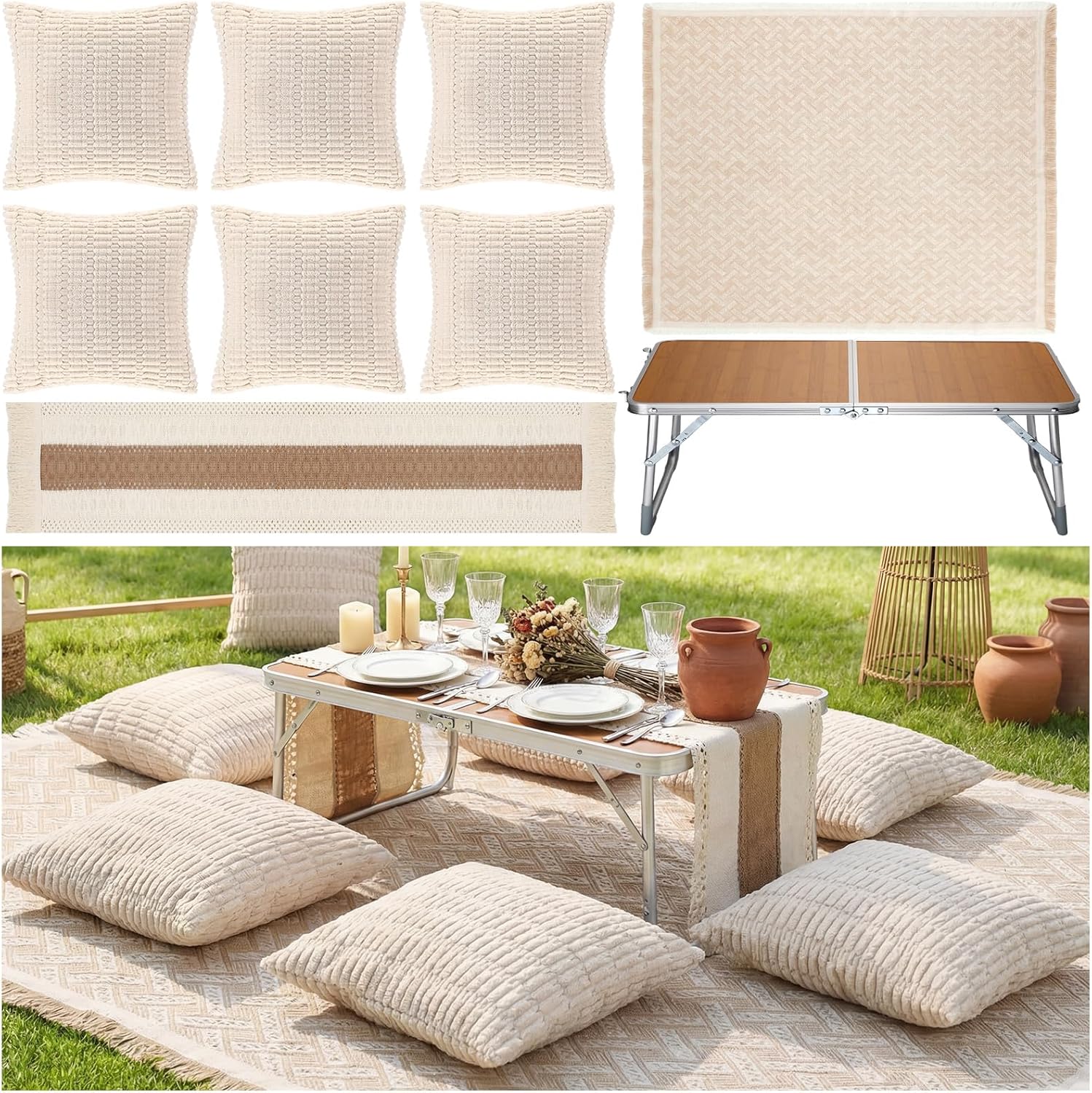 9 Pcs Extra Large Outdoor Boho Picnic Blanket 91'' x 71'' Folding Camping Table Beige White Table Runner 6 Throw Pillow with Pillow Cores Woven Cotton Yarn for Camping Garden Beach Wedding