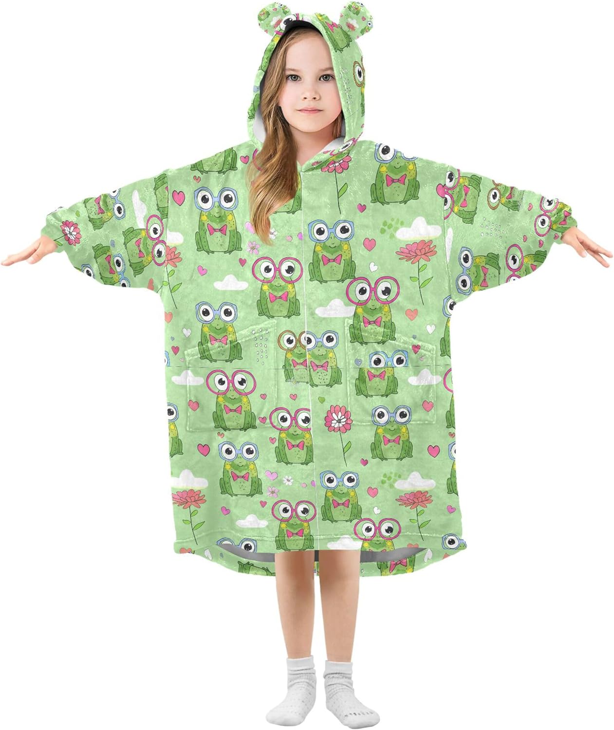 Cute Frog Kids Wearable Blanket Hoodie with Pocket and Sleeves for Toddlers, Cute Hoodies Girls Boys B0404122