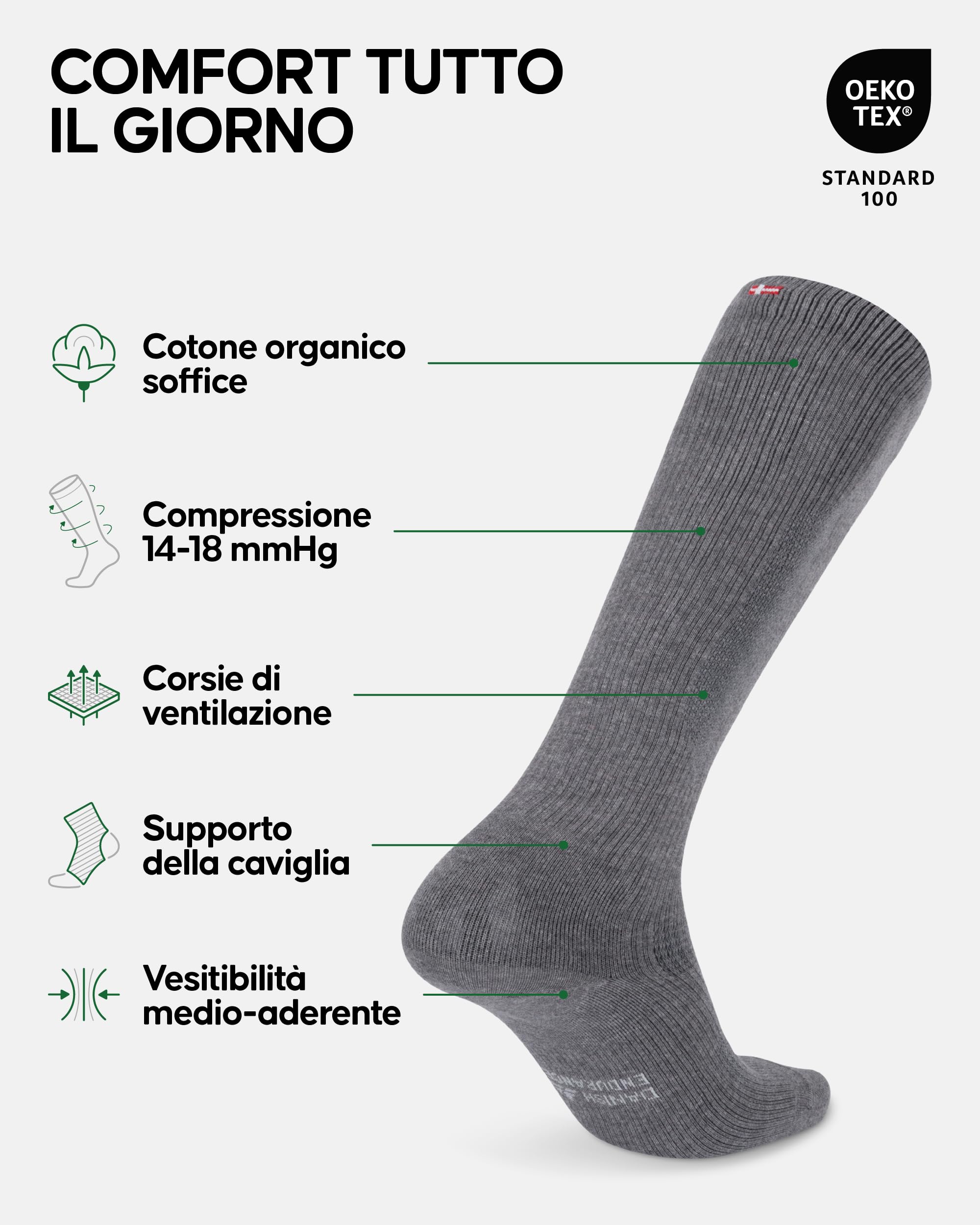 DANISH ENDURANCE Calze di Contenimento in Cotone Biologico 14-18 Mmhg, Lavoro, Sport, Recupero, Uomo e Donna