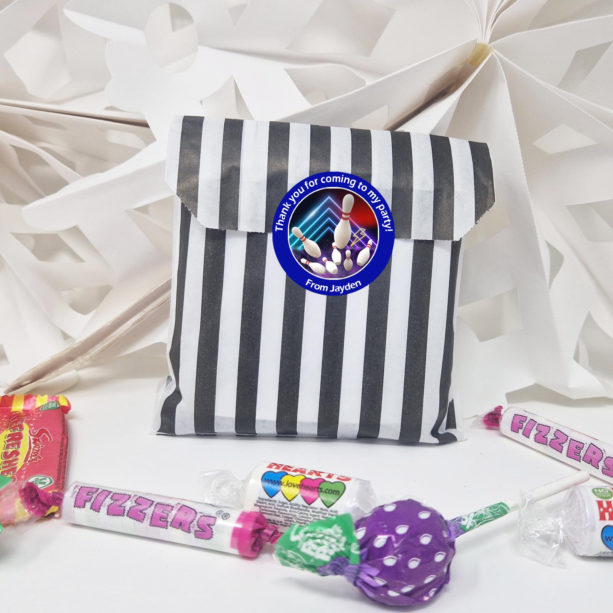 24 Personalised Bowling Party Stickers – Thank You Labels for Sweet Cones & Favour Bags - Blue Stickers & Empty Striped Bags