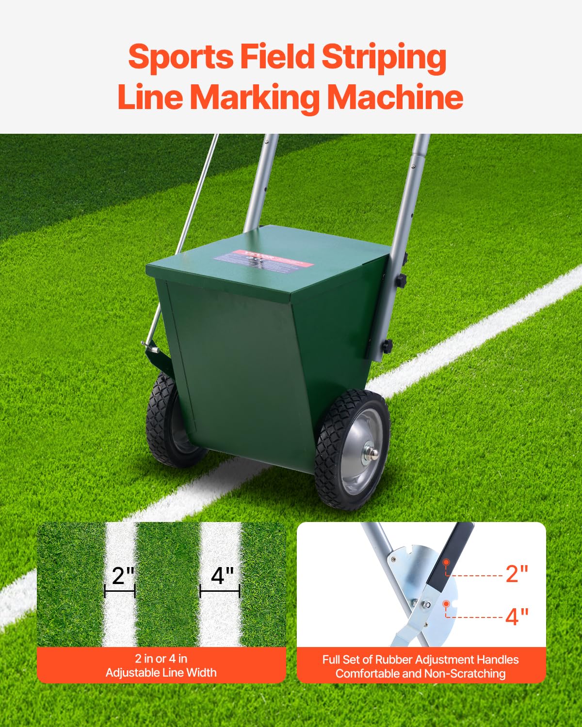VEVOR Segnalinee a Secco per Campi da Gioco, 2 Ruote, Linee 50-100 mm, Segnalinee Regolabili, con Maniglia di Regolazione in Gomma, Capacità Polvere 11,3 kg, per Baseball Infield, Verde